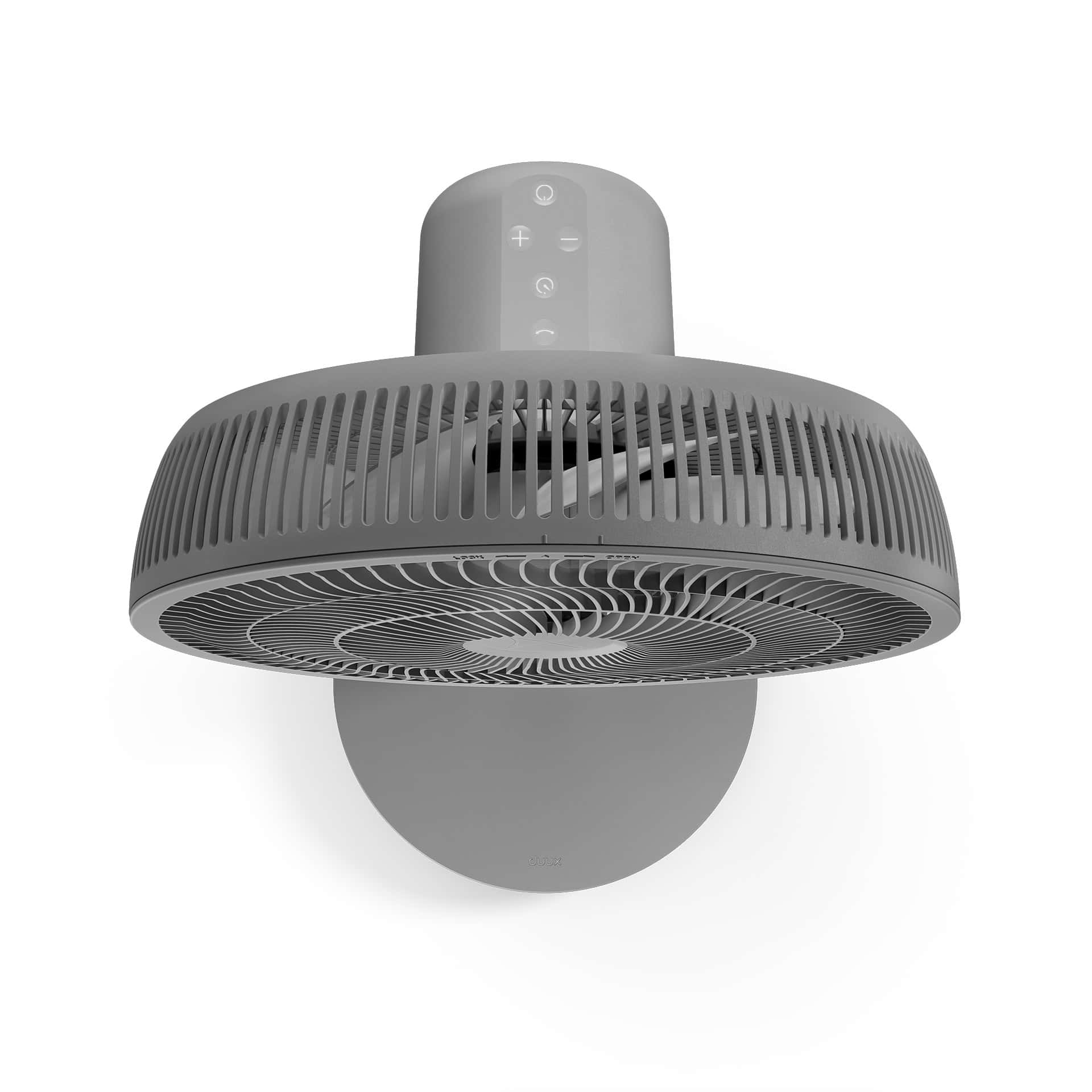 Grauer Deckenventilator, runde Form, mit Bedienfeld oben. Isoliert auf weißem Hintergrund.