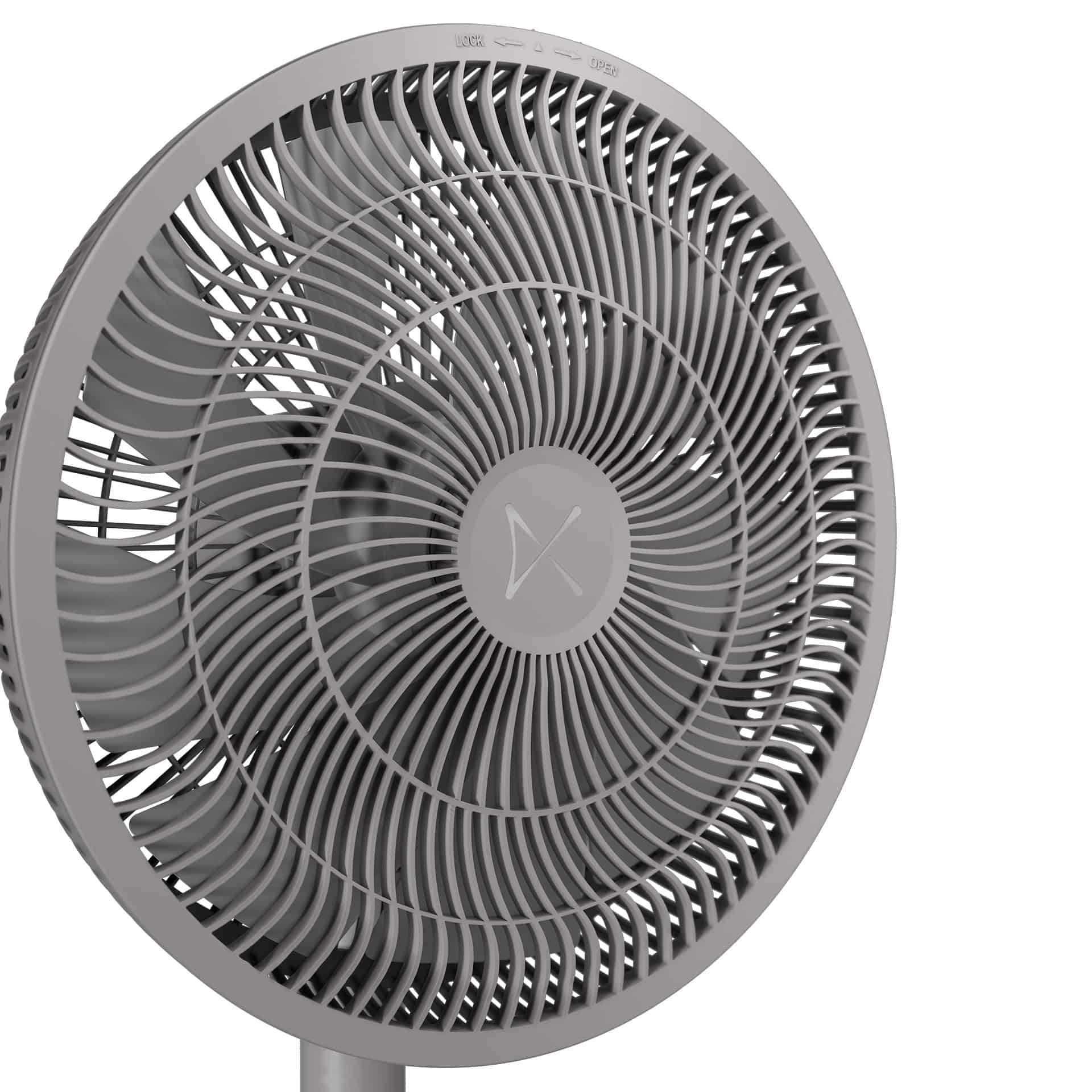 Grauer Ventilator mit gebogenen Flügeln, isoliert auf weißem Hintergrund.