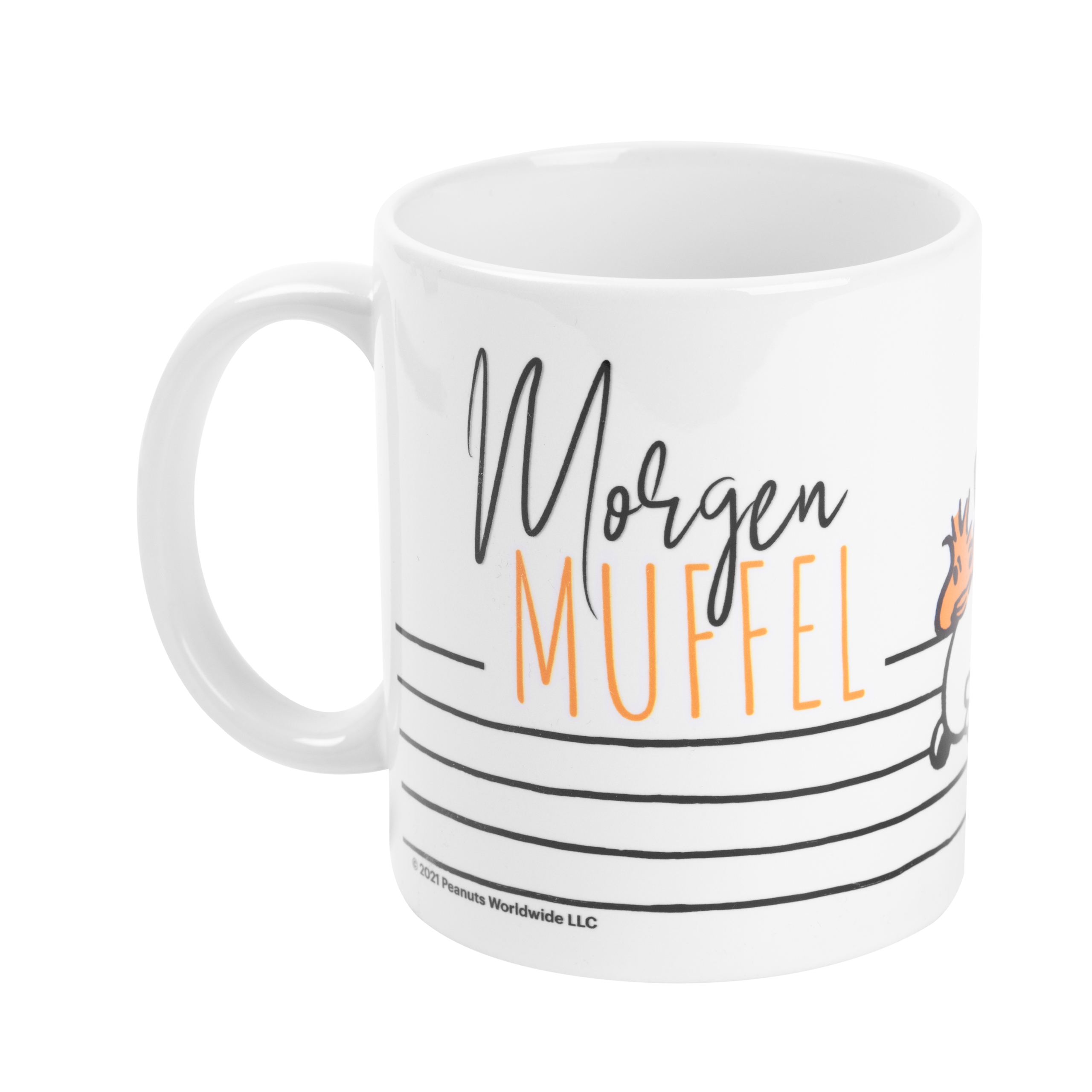 Weißer Becher mit den Worten 'Morgen Muffel' und horizontalen Linien.