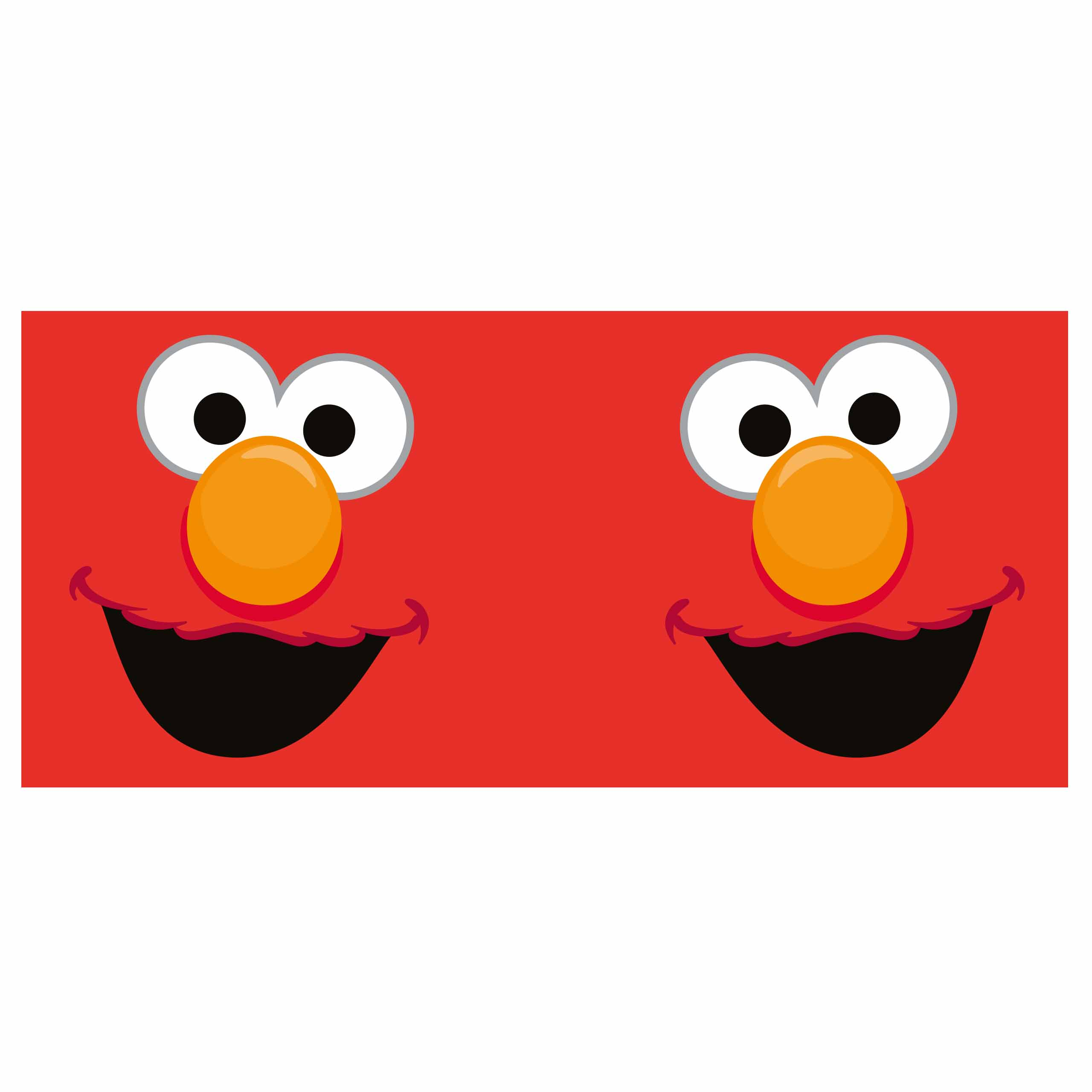 Zwei Elmo-Gesichter nebeneinander auf rotem Hintergrund. Jedes Gesicht hat eine orange Nase und Mund.