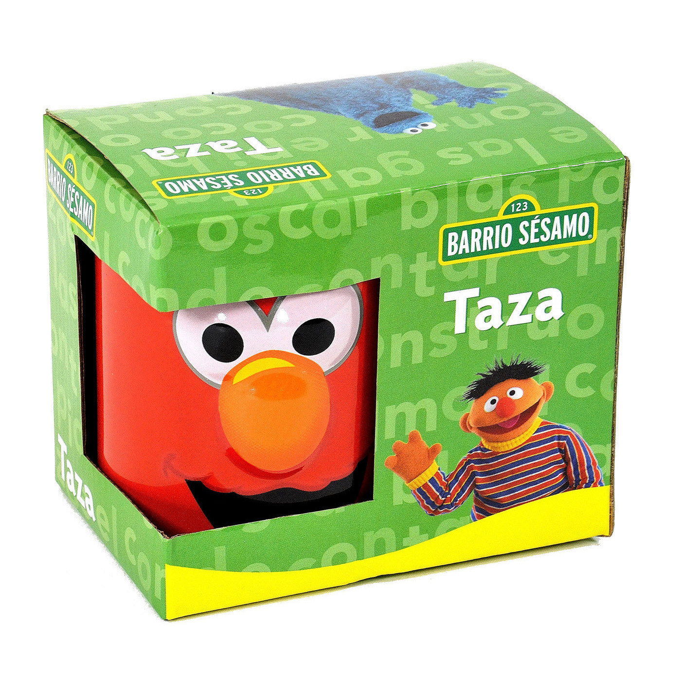 Elmo-Tasse in einer grünen Schachtel. Die Tasse ist rot mit Elmos Gesicht. Ernie ist auf der Schachtel.