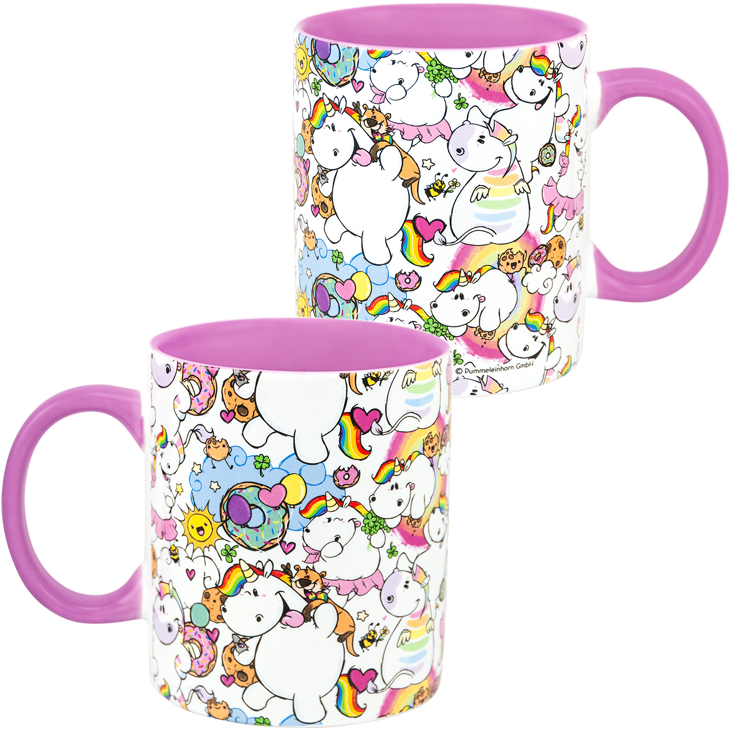 Zwei Tassen mit Einhorn-Design und rosa Griffen. Weißer Hintergrund.