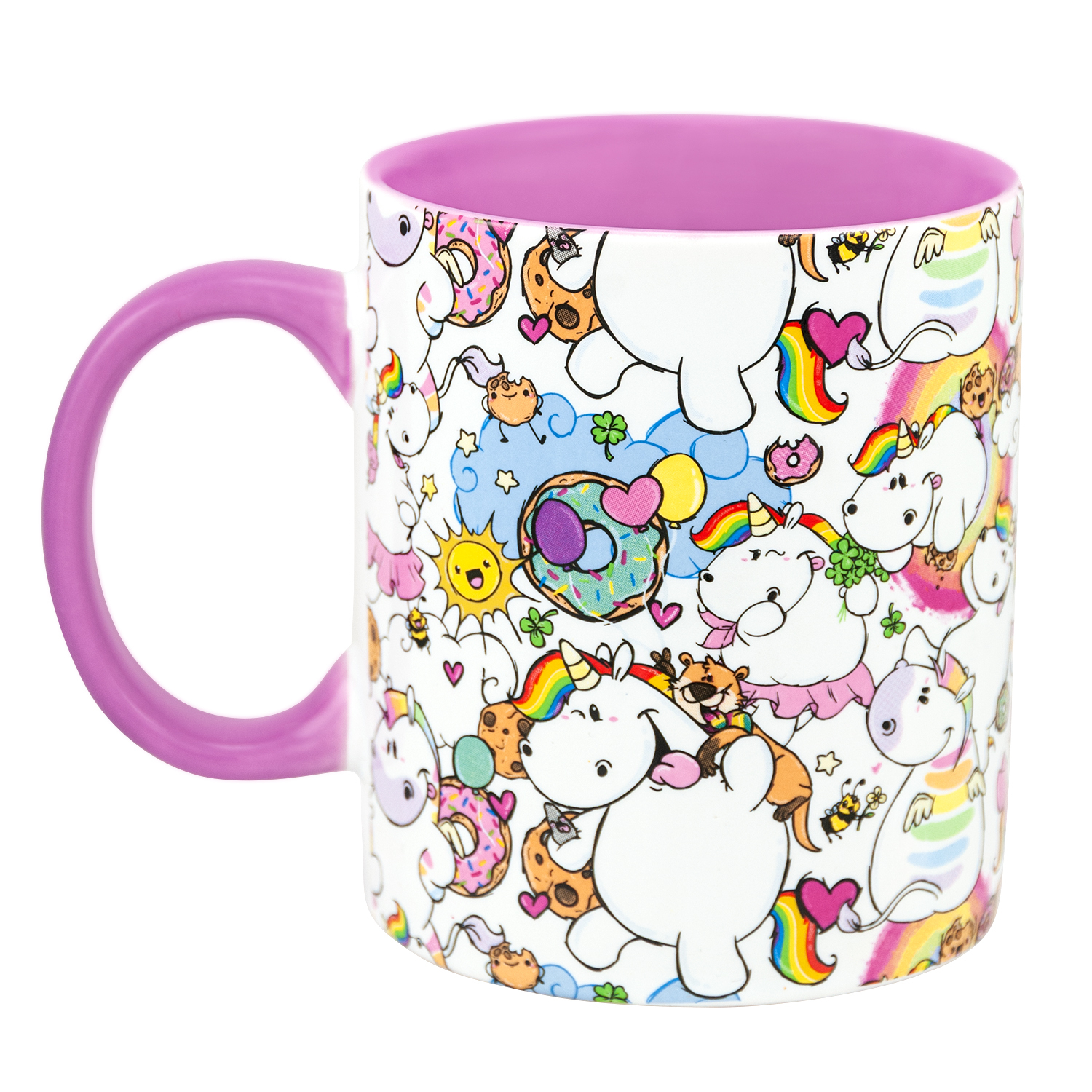 Eine Tasse mit Einhörnern, Regenbögen, Donuts und anderen bunten Cartoon-Bildern.
