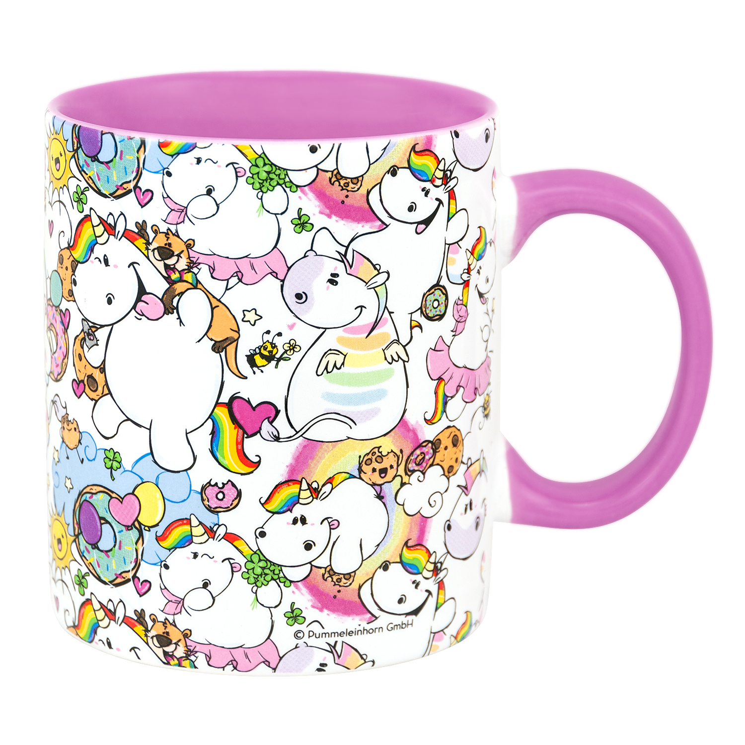 Tasse mit Einhörnern und Donuts. Pinker Griff und Rand. Bunte Illustrationen überall.