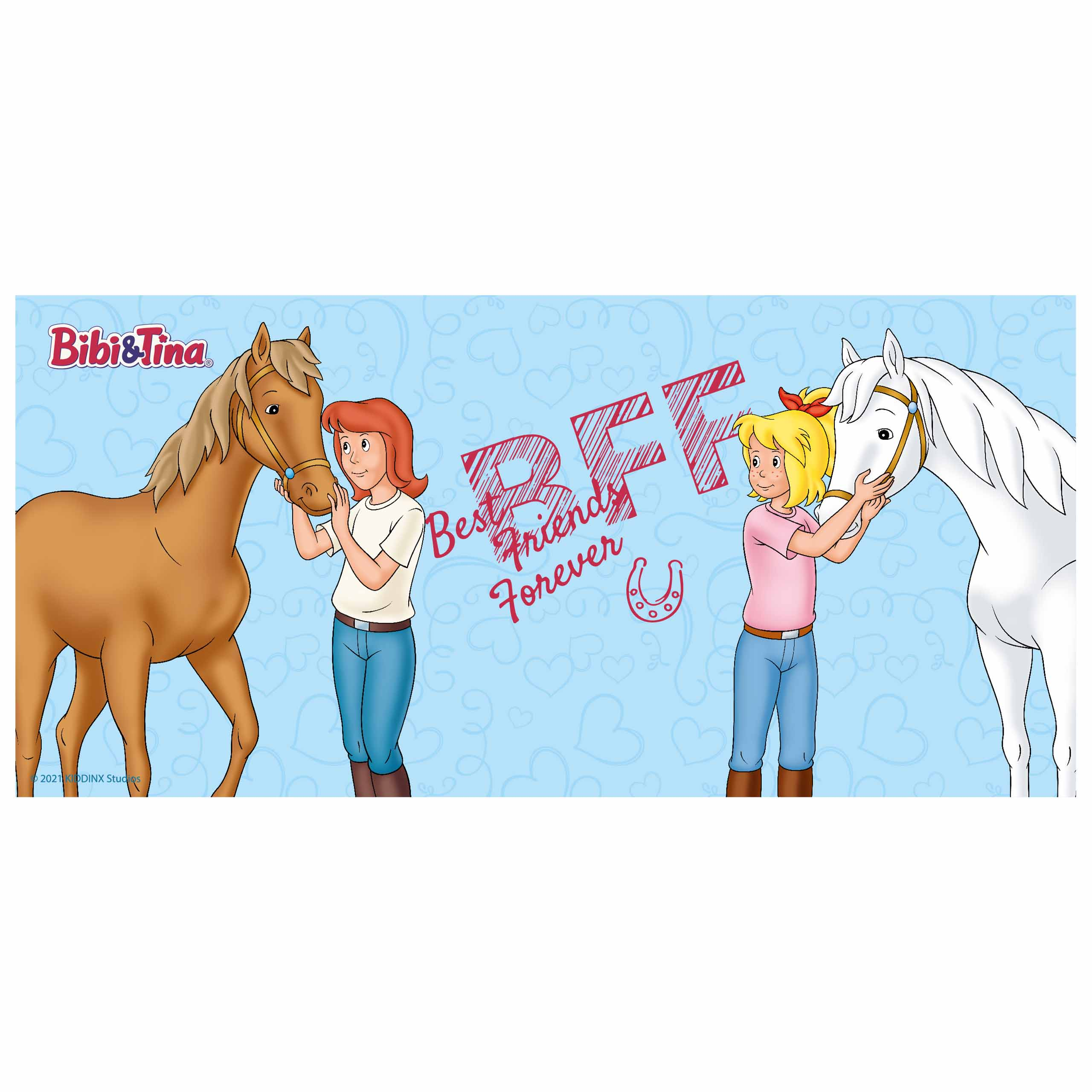 Zwei Mädchen mit Pferden, die die Köpfe der Pferde halten. Text: "Best Friends Forever".