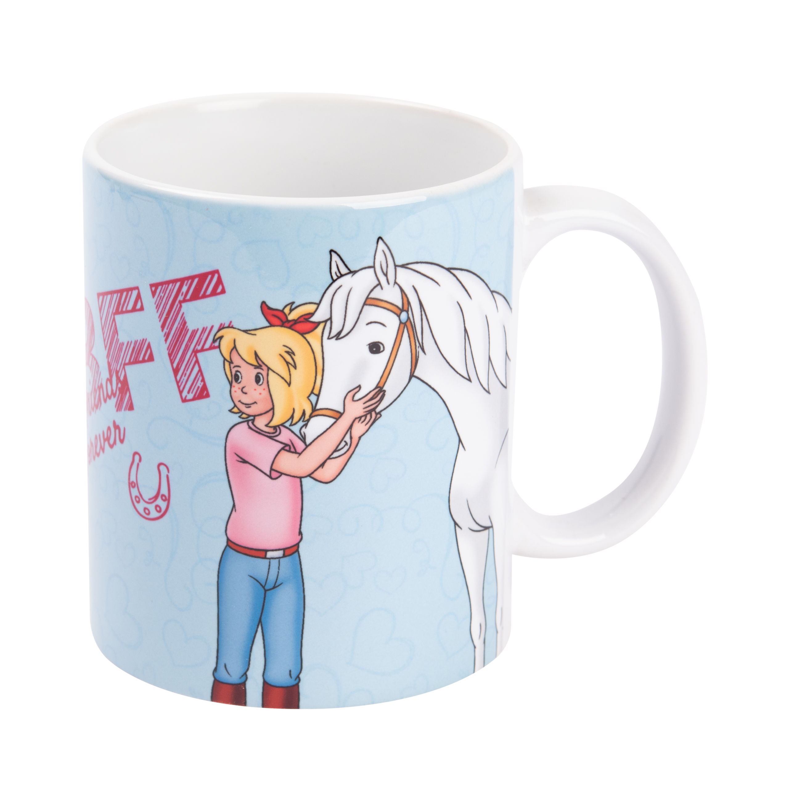 Tasse mit einem Mädchen und einem Pferd. Der Text lautet 'BFF', 'Friends Forever' und ein Hufeisen-Symbol.