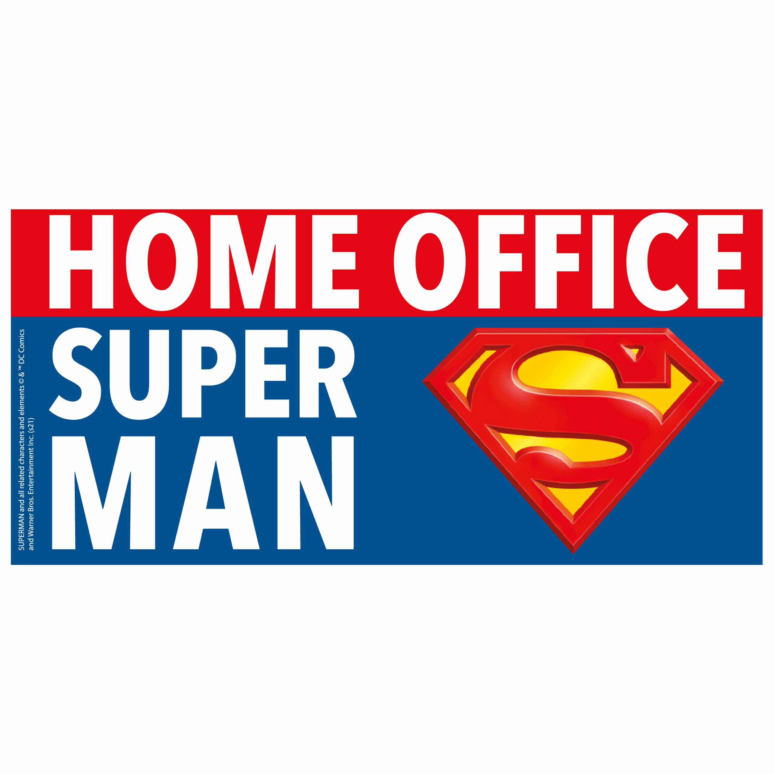 Homeoffice-Schild im Superman-Design mit einem Superman-Logo auf blauem und rotem Hintergrund.