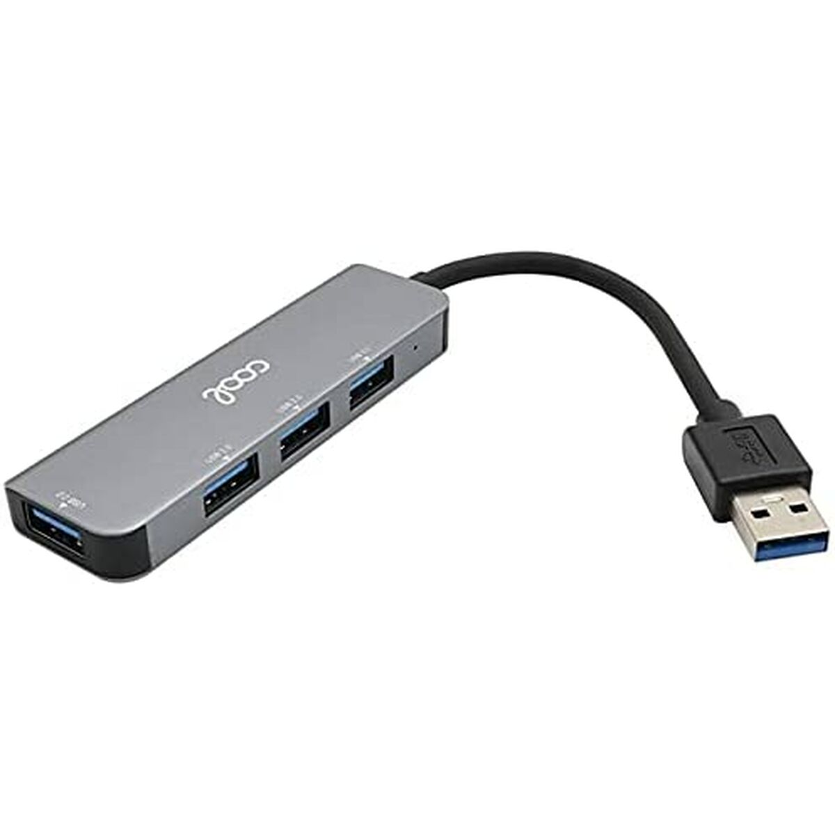 Un hub USB argentato con quattro porte, un cavo nero e un connettore USB.