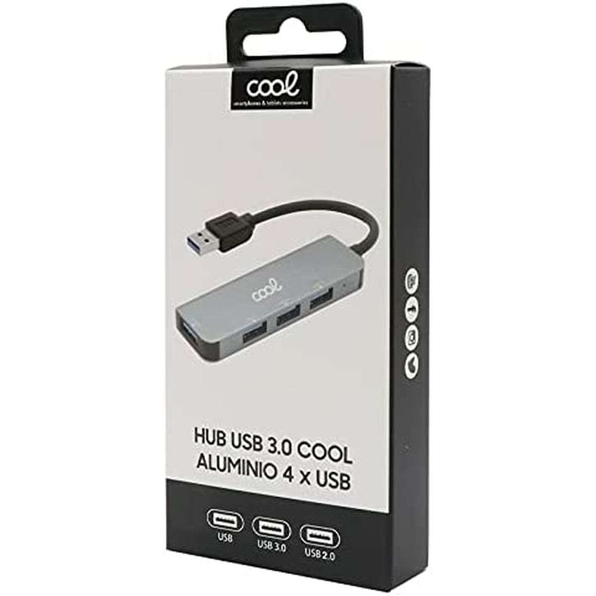 Un hub USB in una confezione. L'hub è argento con cavo USB.