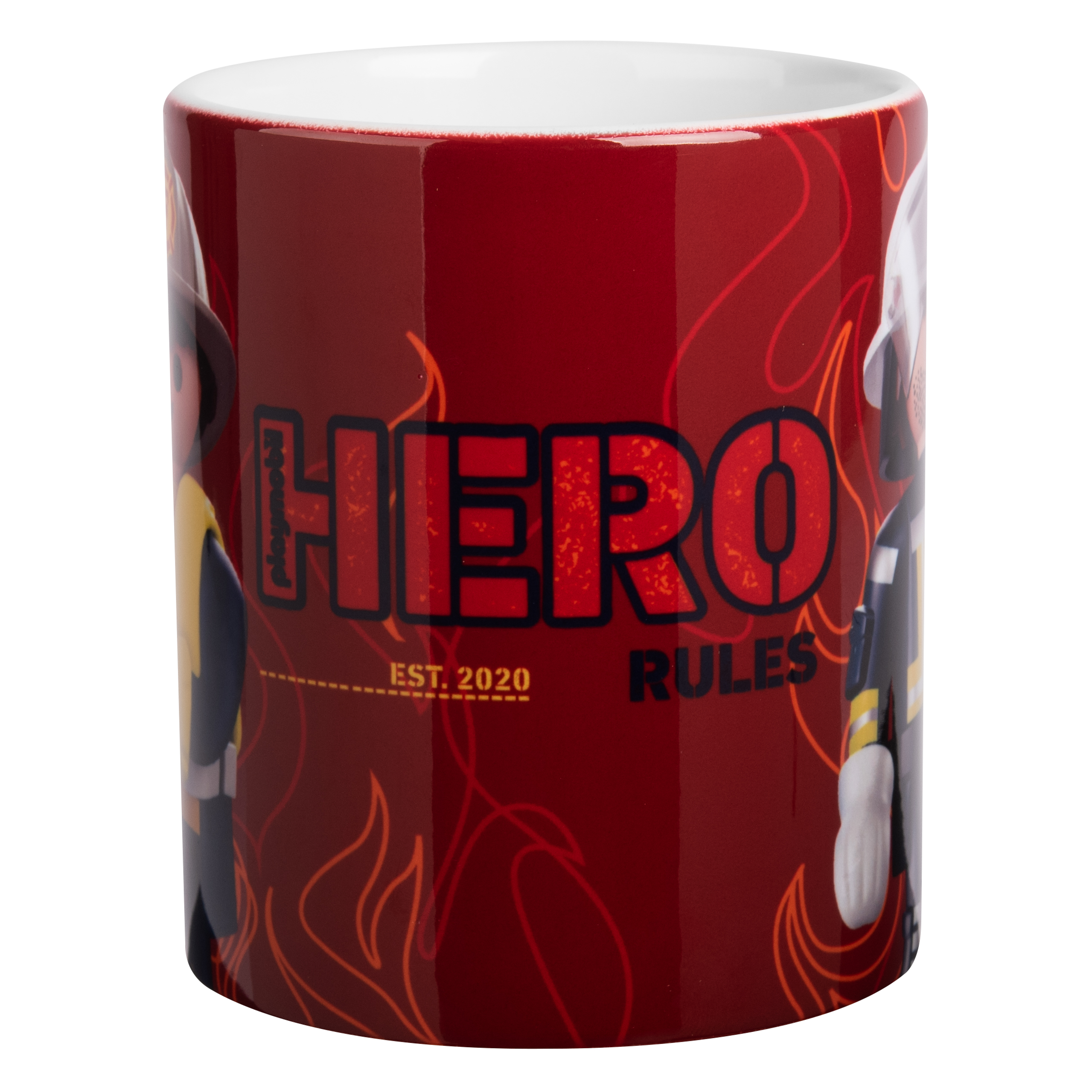 Ein roter Becher mit einem Feuerwehr-Motiv.