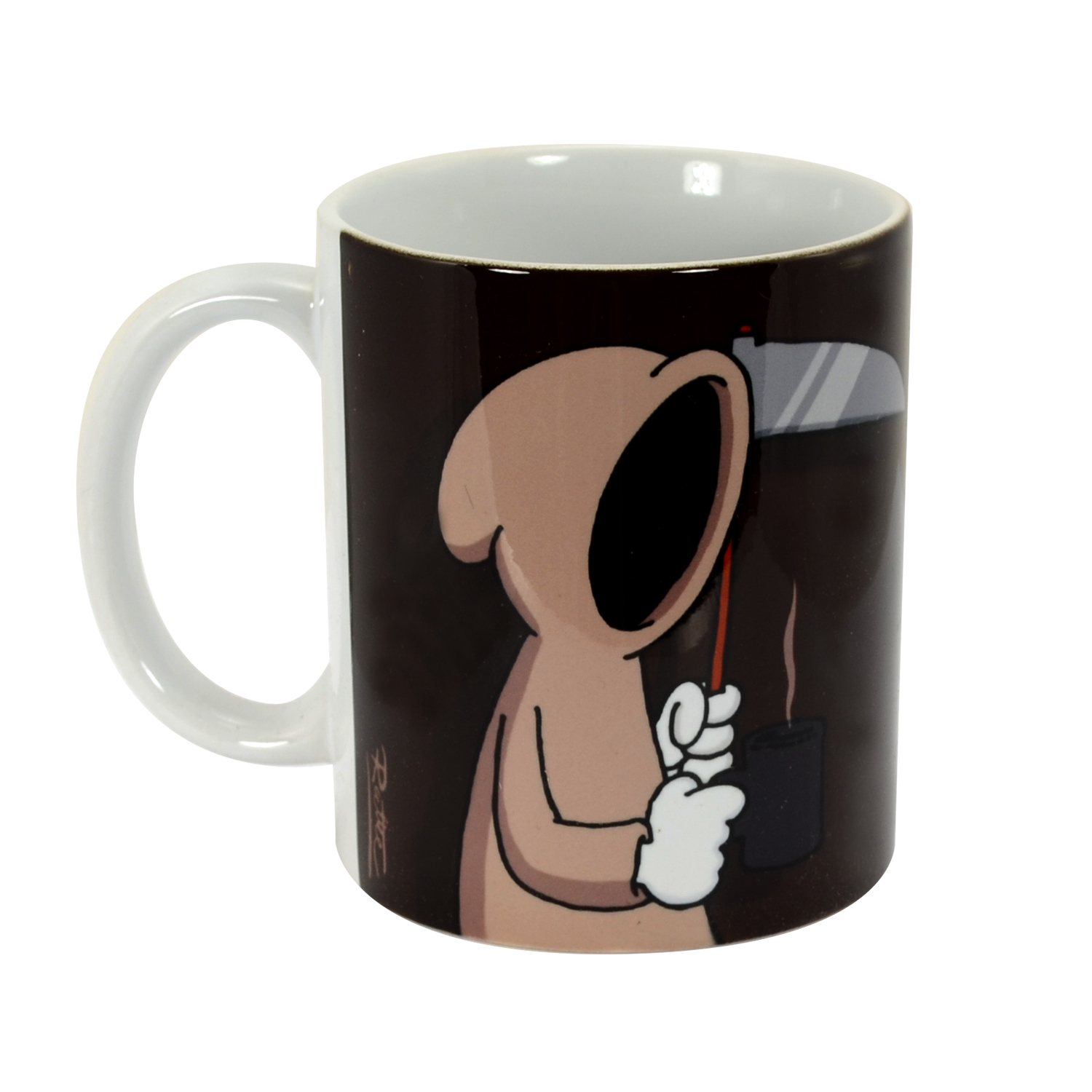 Weißer Becher mit Grim Reaper Cartoon, Sense und Tasse haltend.