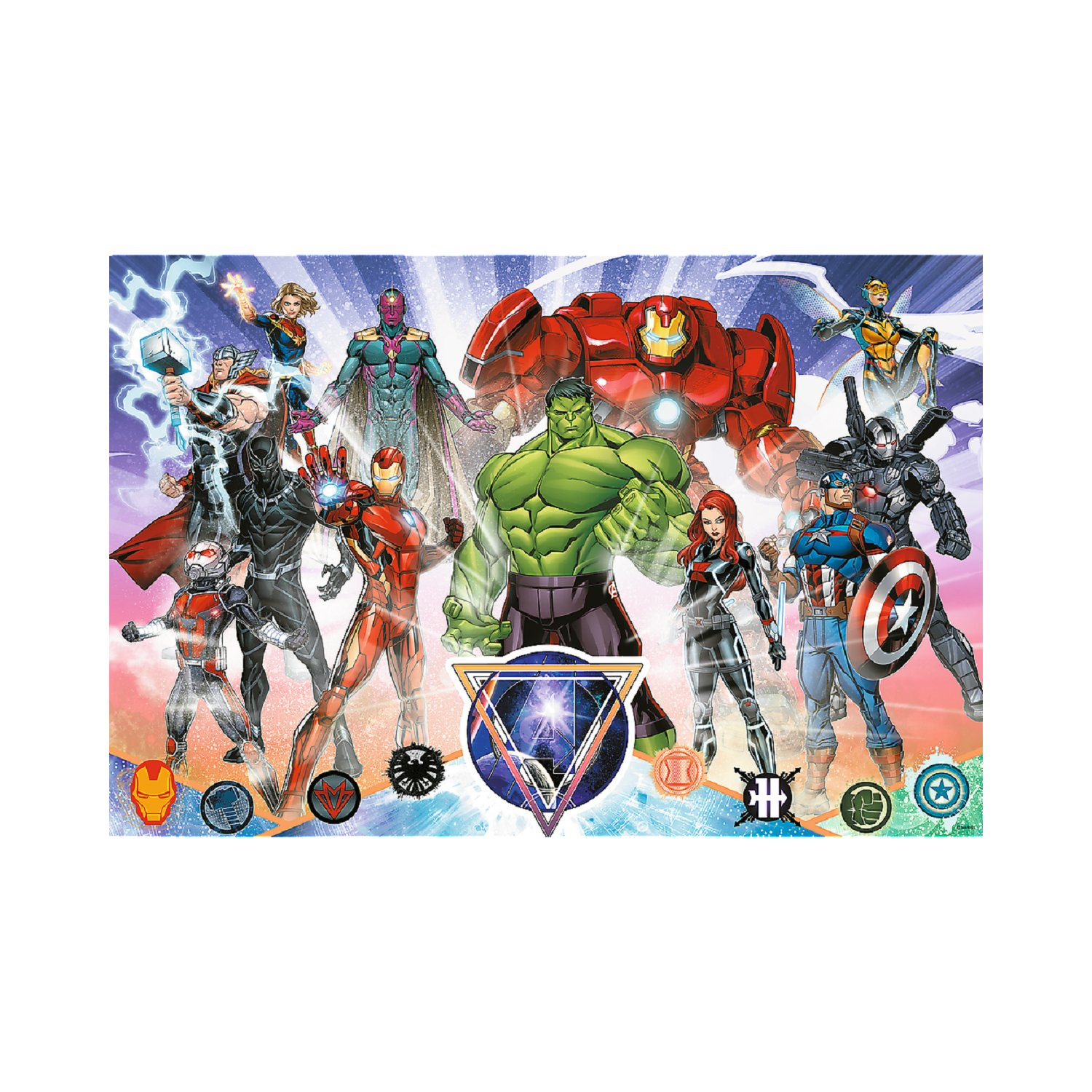 Puzzle Avengers con personaggi come Hulk, Iron Man e Capitan America, su sfondo bianco.