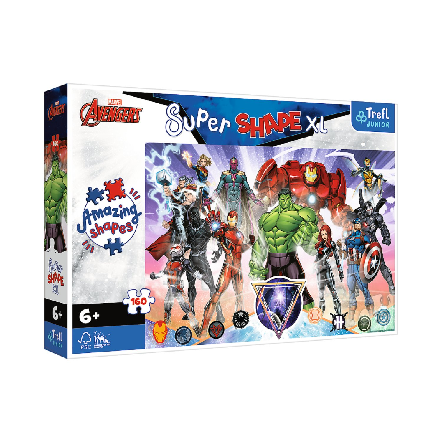 Scatola puzzle con personaggi Avengers, tra cui Hulk, Iron Man e Capitan America, su sfondo bianco.