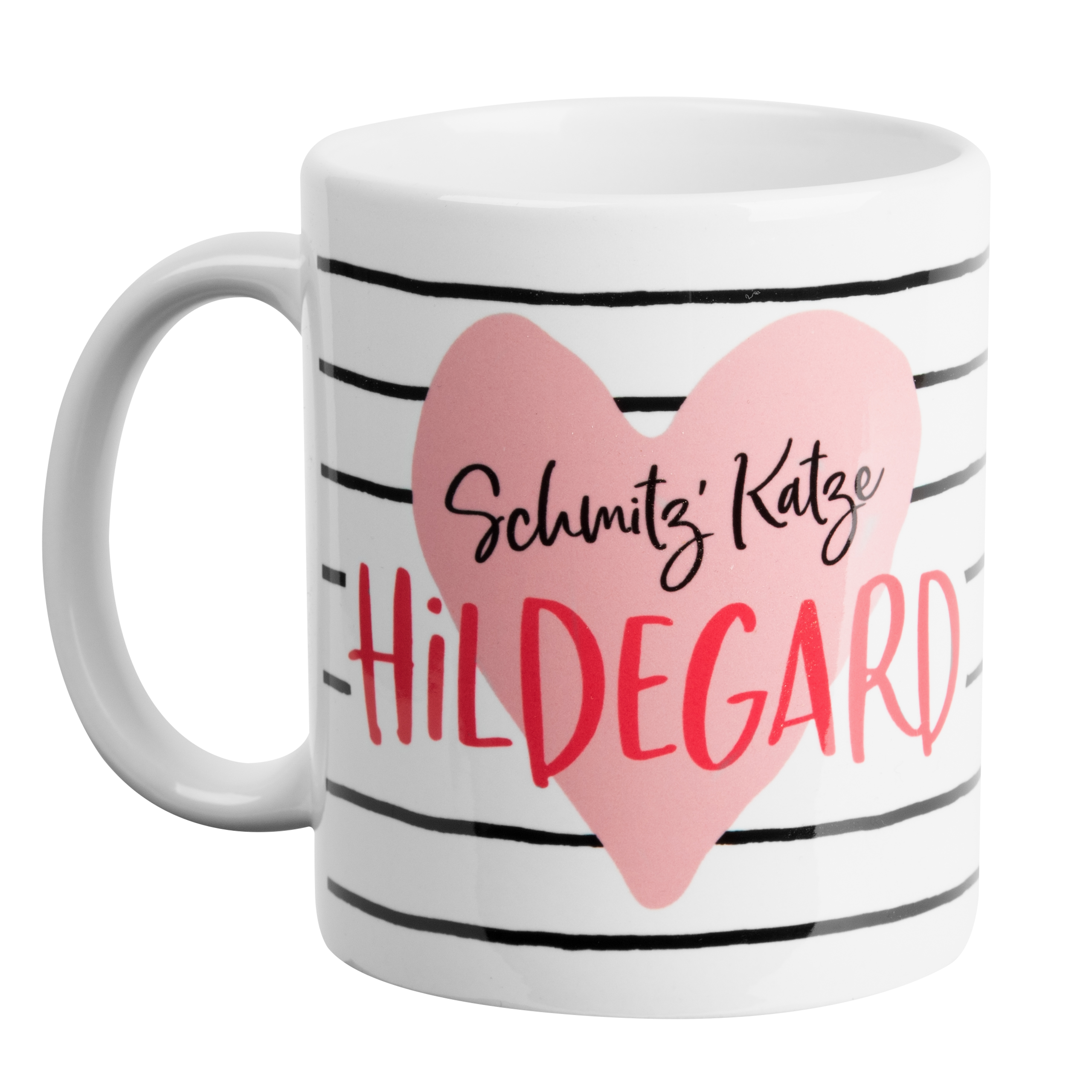 Eine weiße Tasse mit schwarzen horizontalen Streifen und einem rosa Herz, das den Namen Hildegard trägt.
