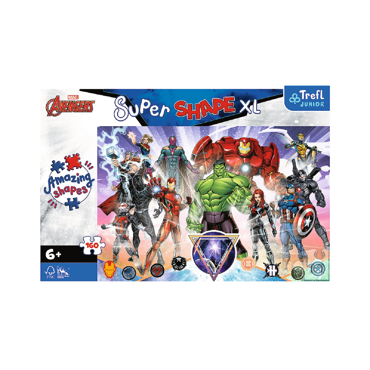 Scatola puzzle con personaggi Avengers, tra cui Hulk, Iron Man e Capitan America, su sfondo bianco.
