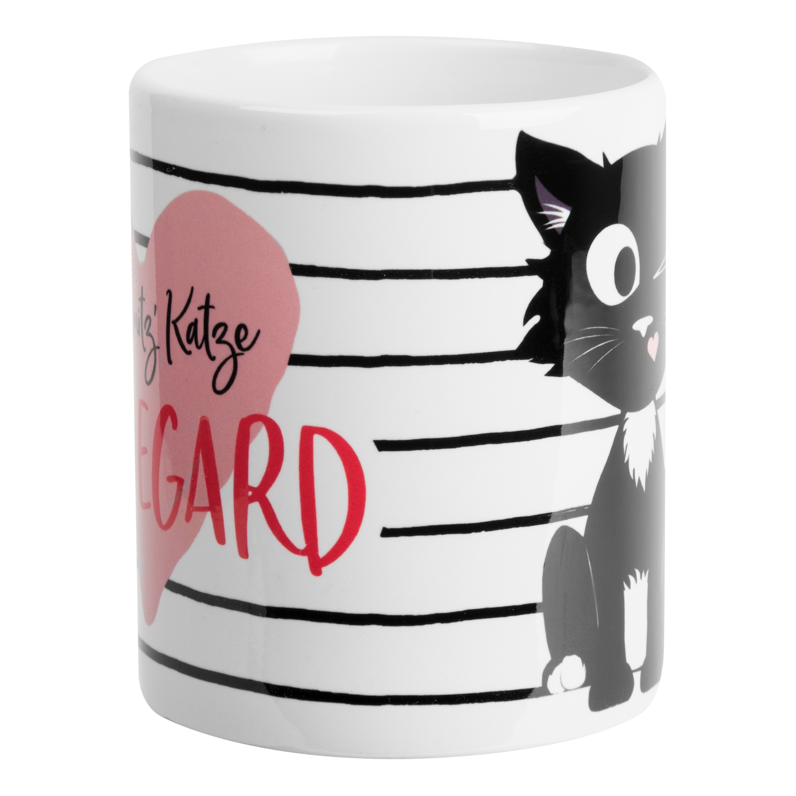 Eine weiße Tasse mit schwarzen Streifen. Sie hat eine Katzenillustration und die Worte 'Katze REGARD' auf einem rosa Herz.