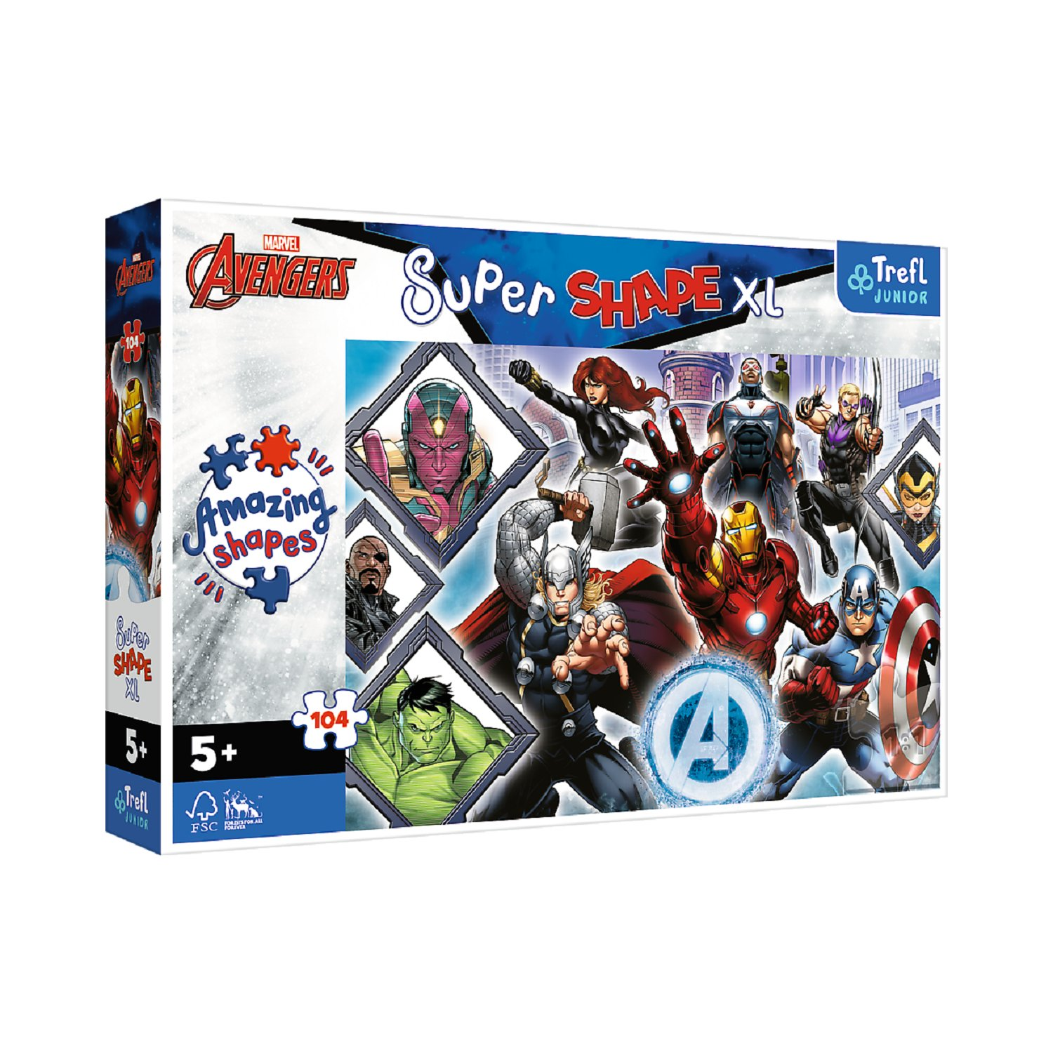 Boîte de puzzle avec des héros Avengers, dont Iron Man et Captain America, sur fond blanc.