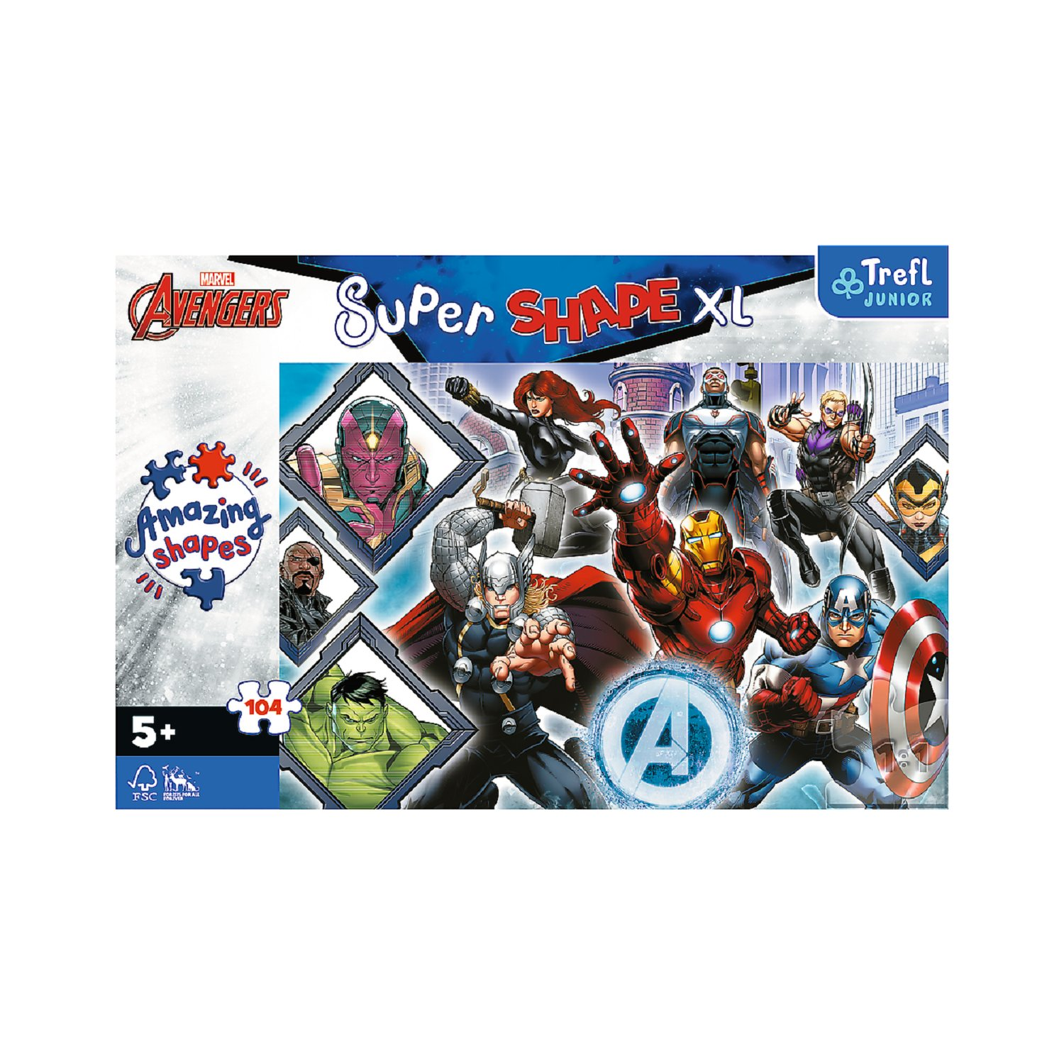 Boîte de puzzle avec des héros Avengers, dont Iron Man et Captain America, sur fond blanc.