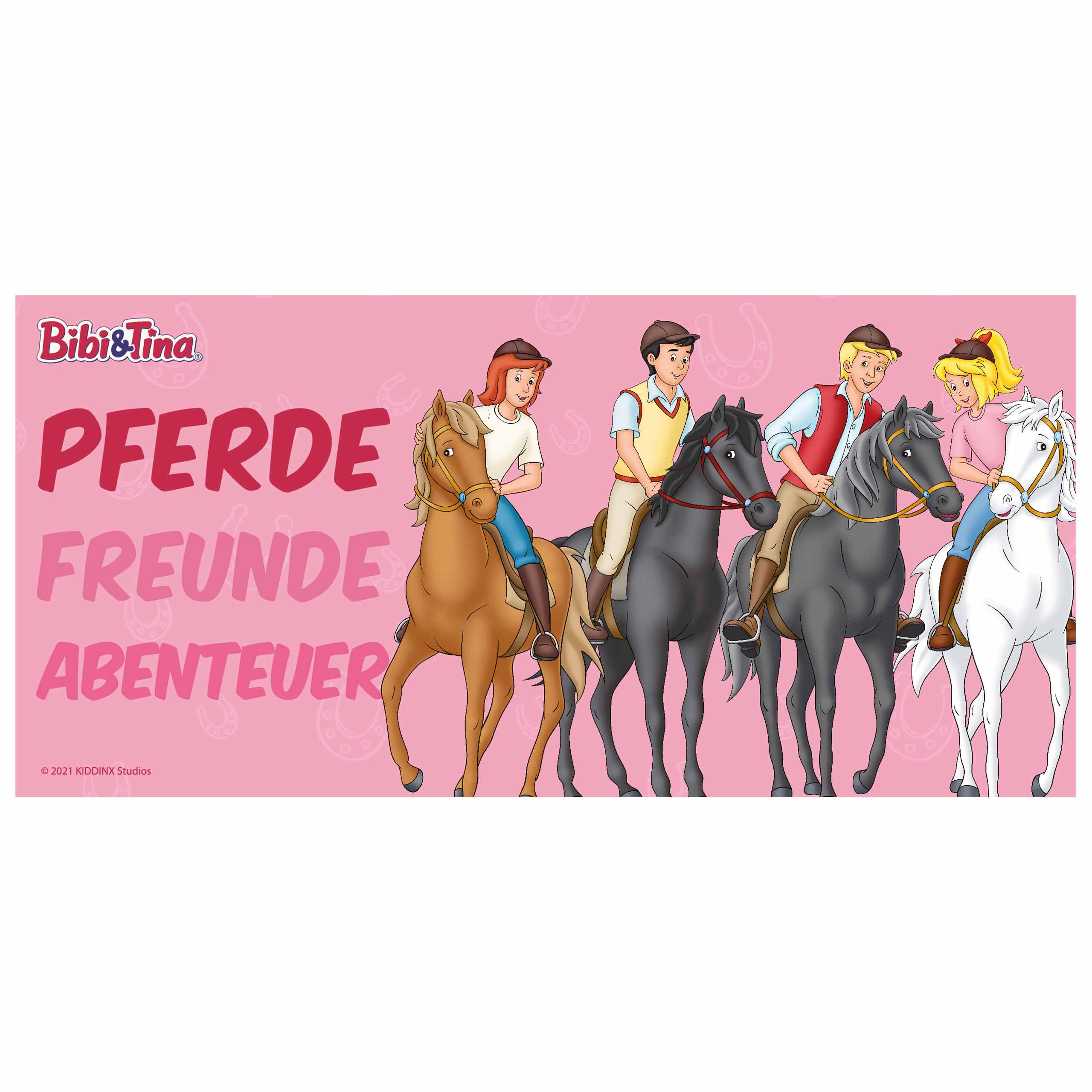 Banner mit fünf Cartoon-Reitern auf Pferden, auf pinkfarbenem Hintergrund.
