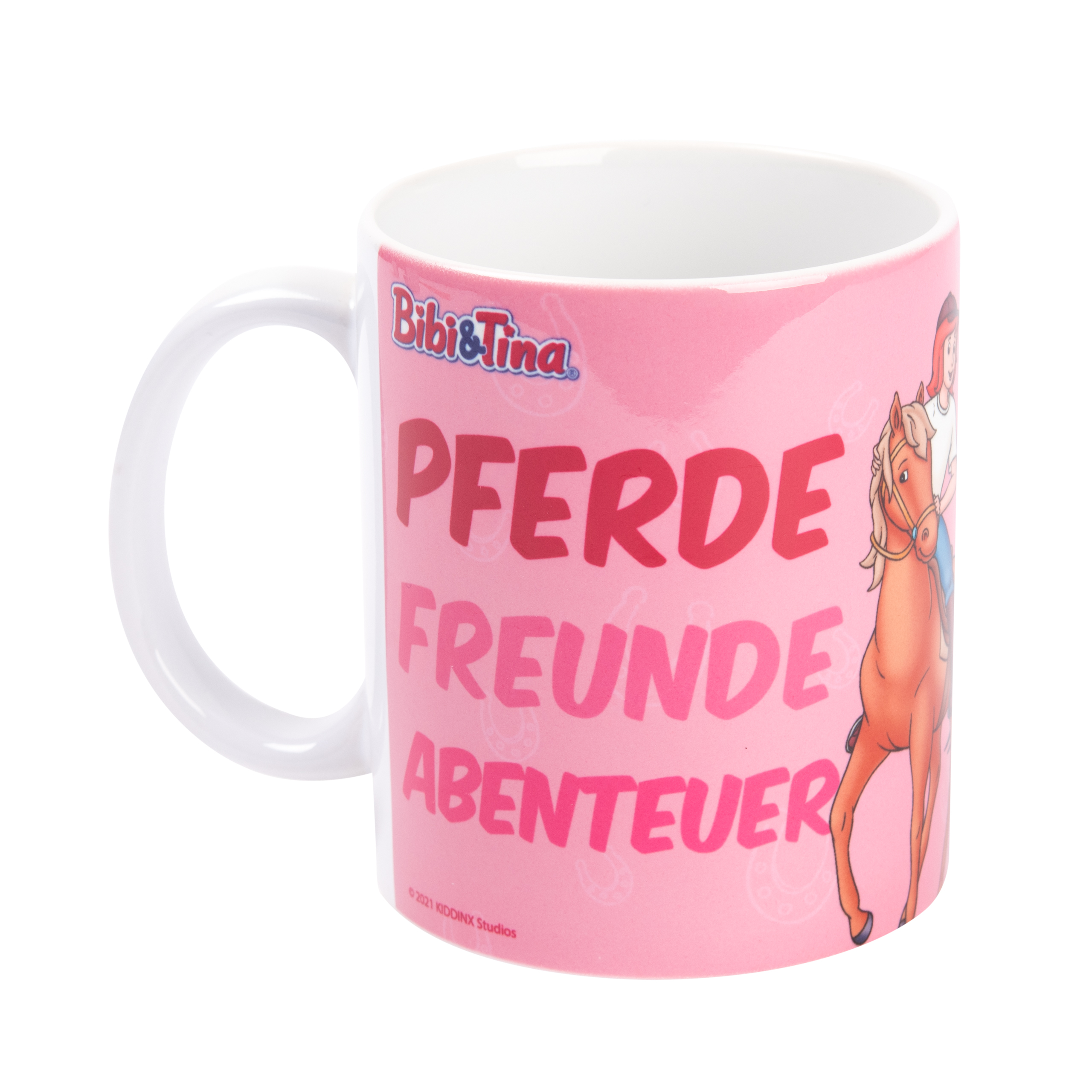 Rosa Becher mit weißem Henkel, mit Pferd und deutschem Text: Pferde, Freunde, Abenteuer.