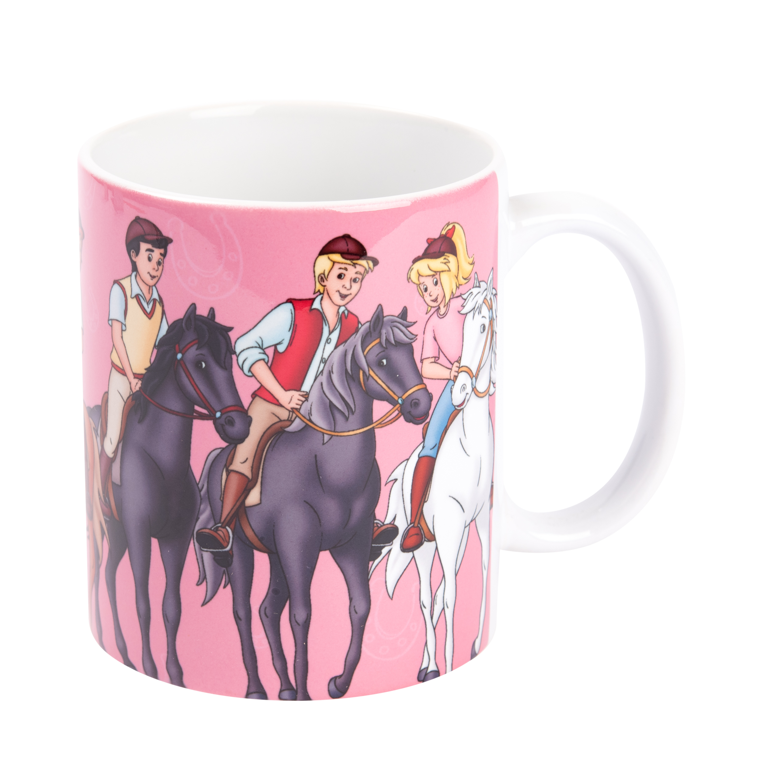 Becher mit rosa Hintergrund, Pferden und reitenden Personen. Weißer Griff.