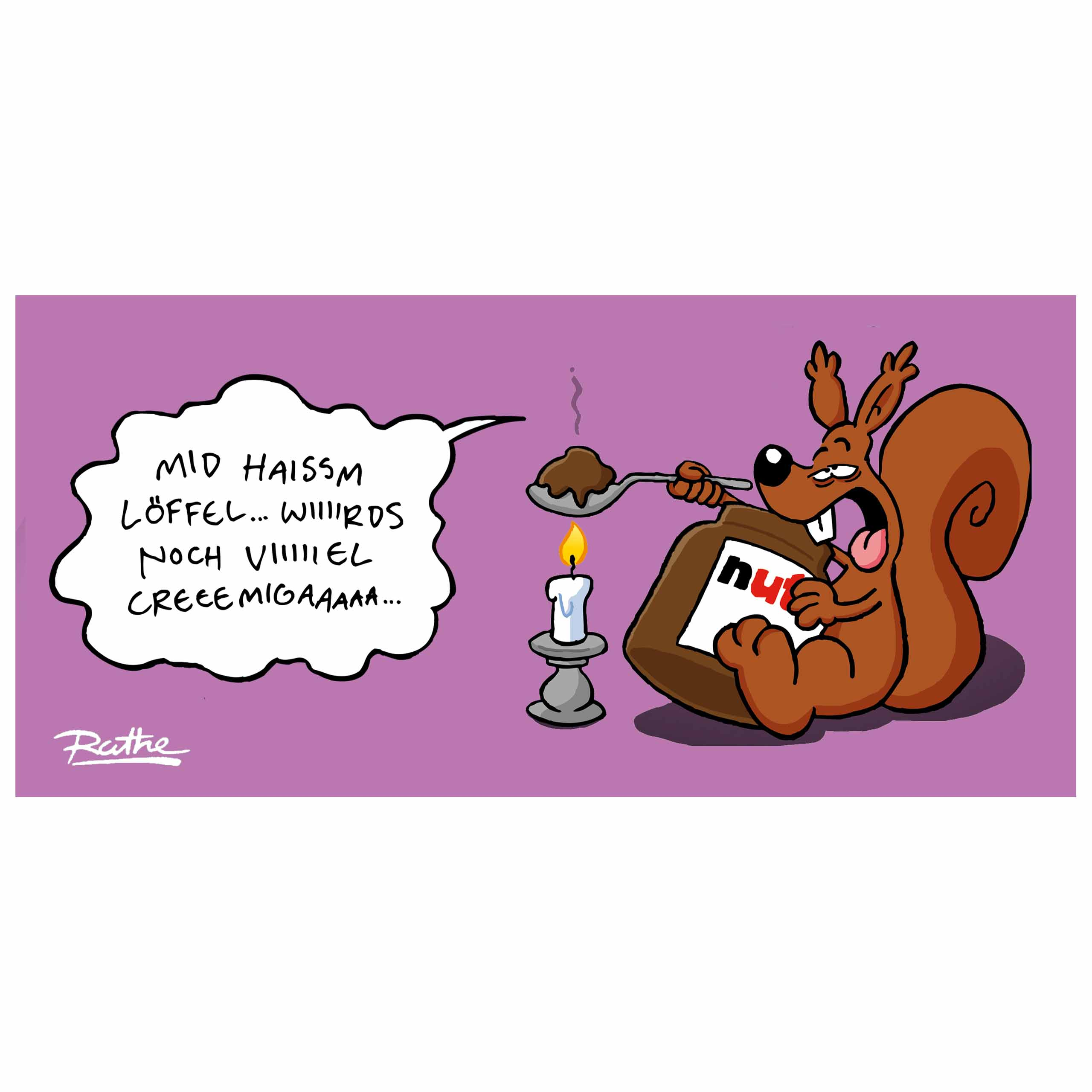 Cartoon von einem Eichhörnchen, das ein Nutella-Glas, einen Löffel und eine Kerze hält. Lila Hintergrund mit Text.