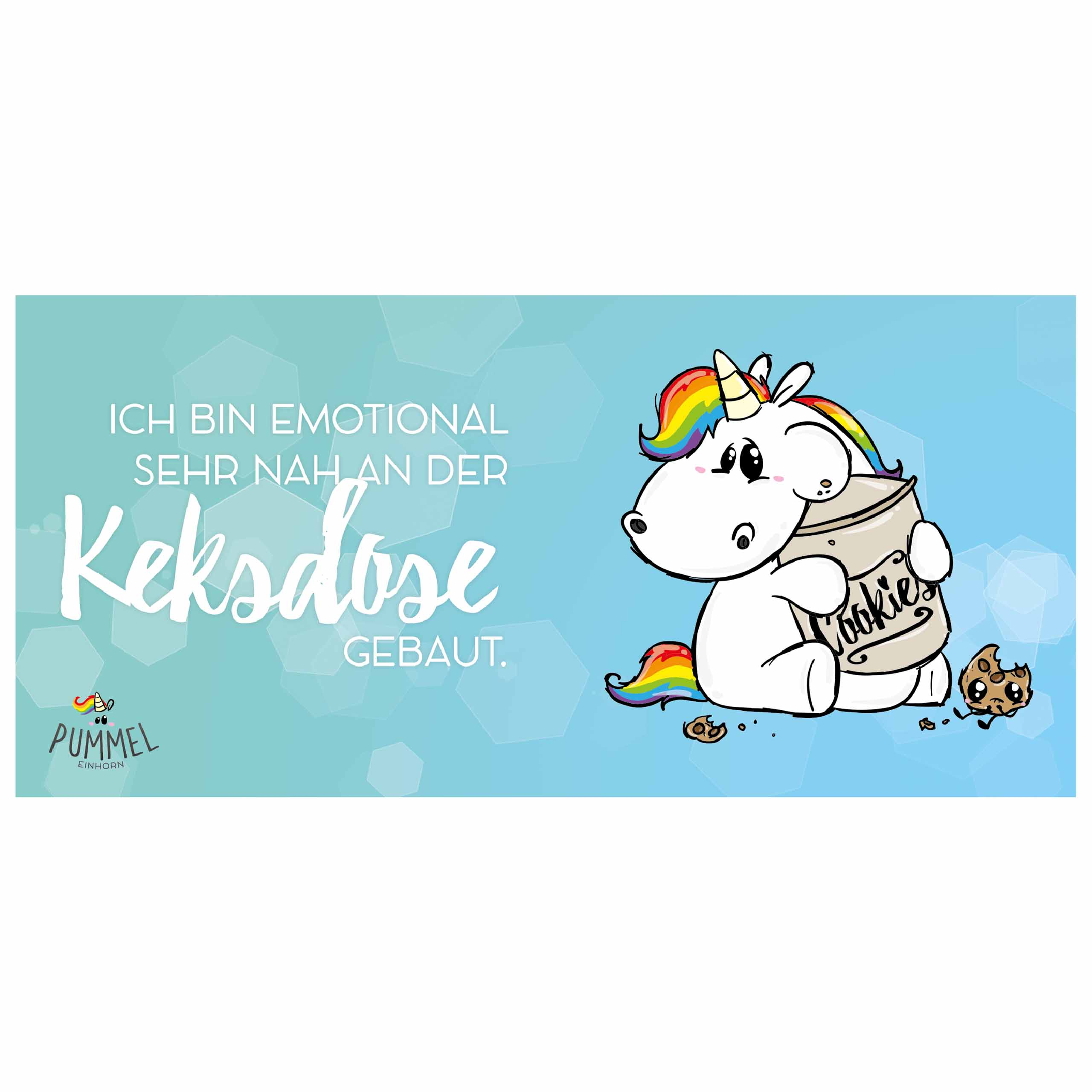Cartoon-Einhorn mit Keksdose, neben deutschem Text, auf blauem Hintergrund.