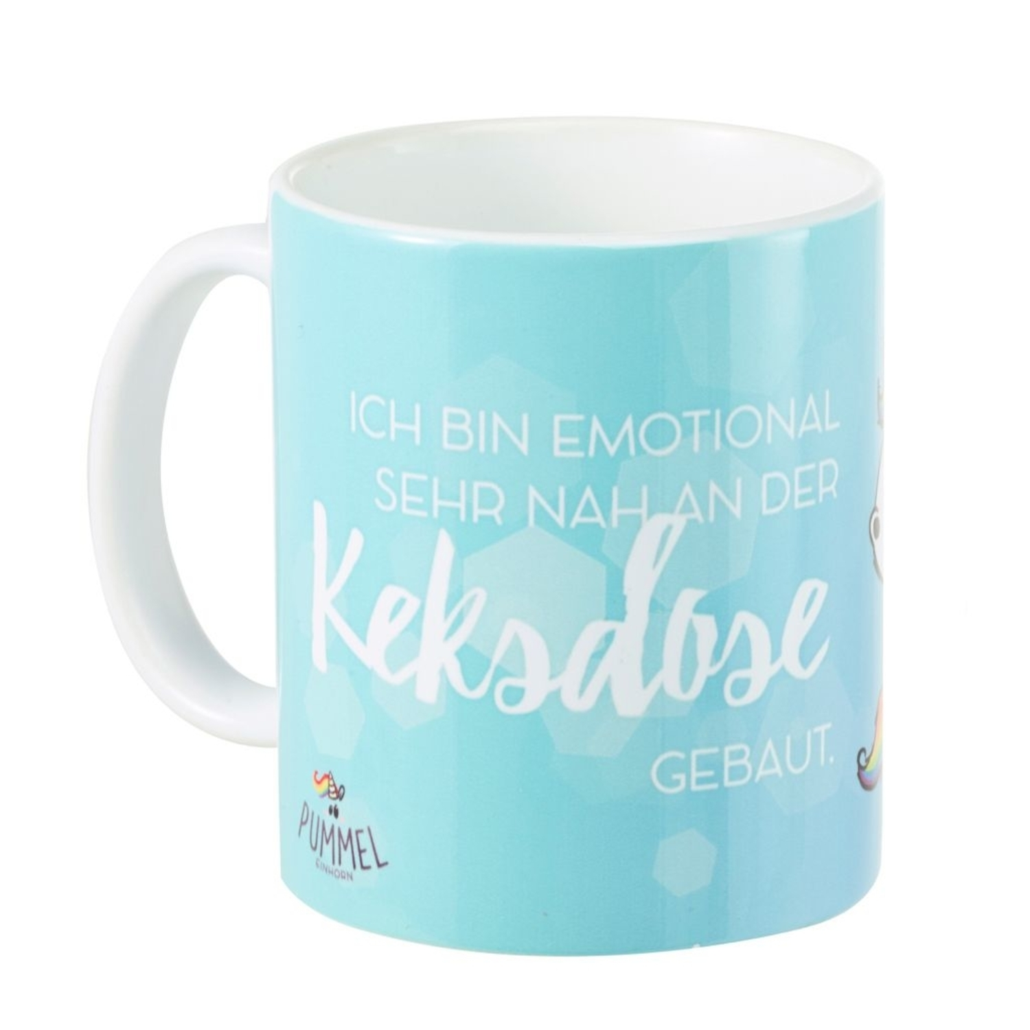 Becher mit blauem Hintergrund. Text auf Deutsch: „Ich bin emotional sehr nah an der Keksdose“.