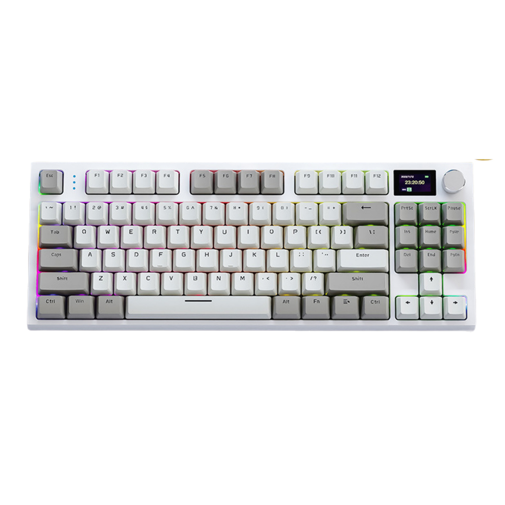 Weiße Tastatur mit mehreren Tasten, einem kleinen Bildschirm und einem silbernen Rad rechts.