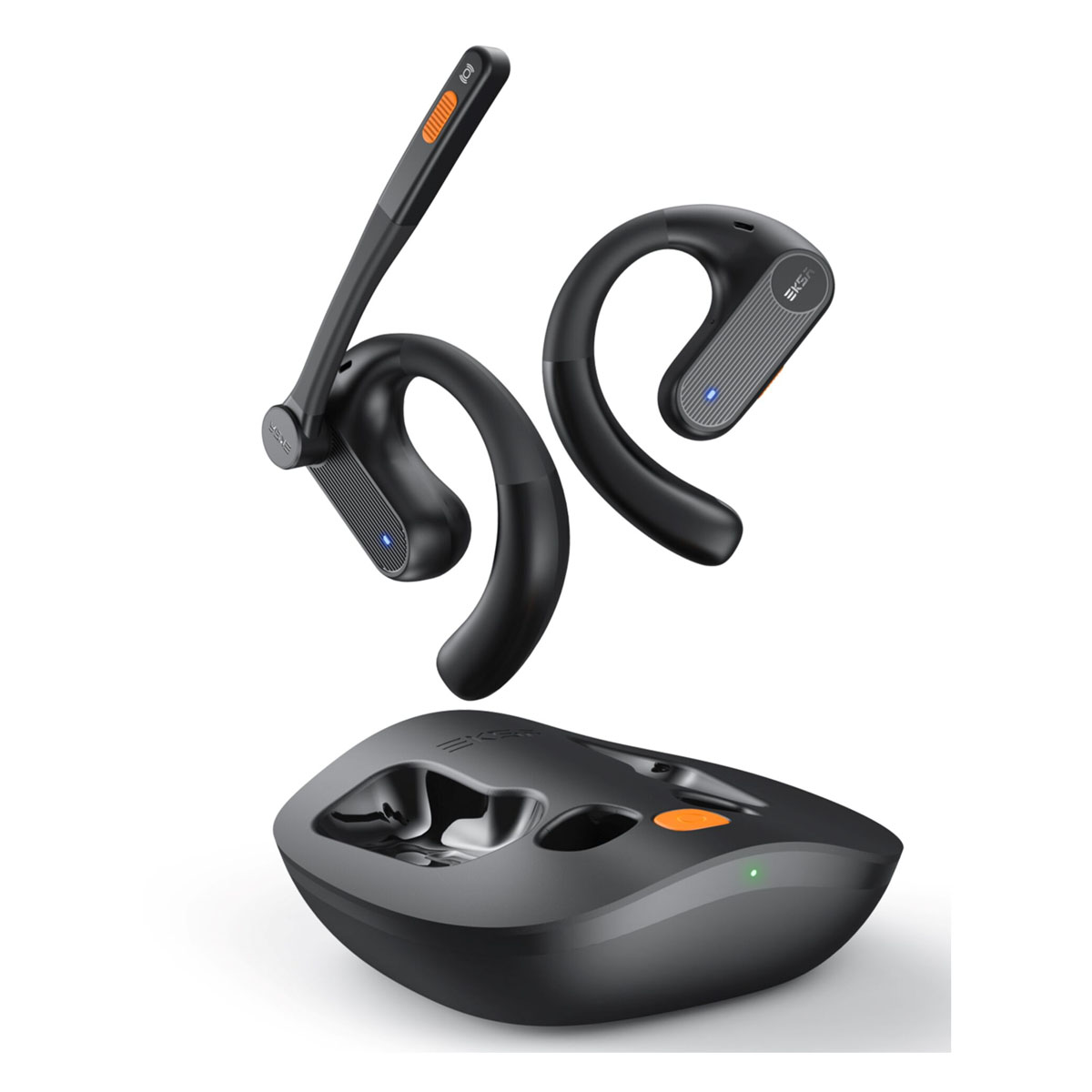 Cuffie wireless nere e grigie con base di ricarica su sfondo bianco.