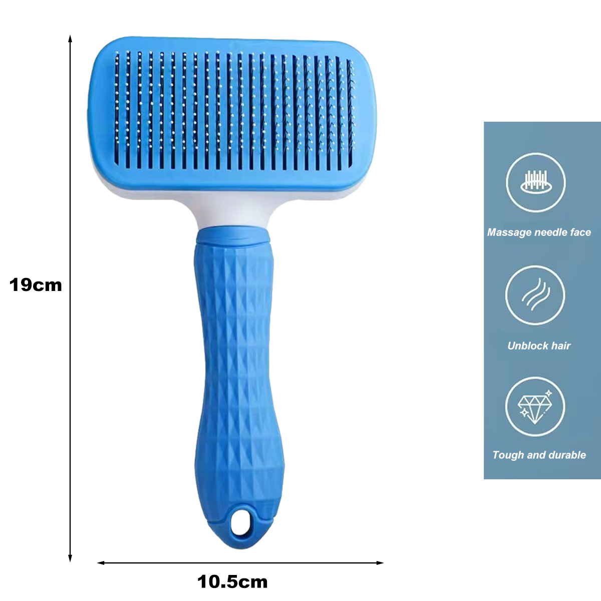 Blau-weiße Haustierbürste mit den Maßen 19 cm x 10,5 cm. Merkmale sind Massage und Entblockung.
