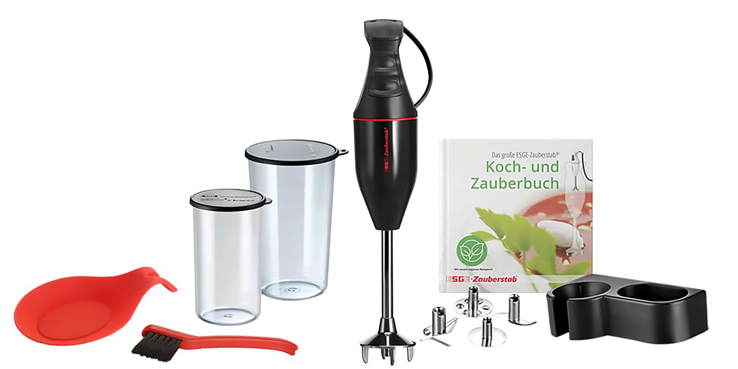 Stabmixer mit Zubehör. Enthält Mixer, zwei Behälter, einen roten Spatel und eine Bürste.