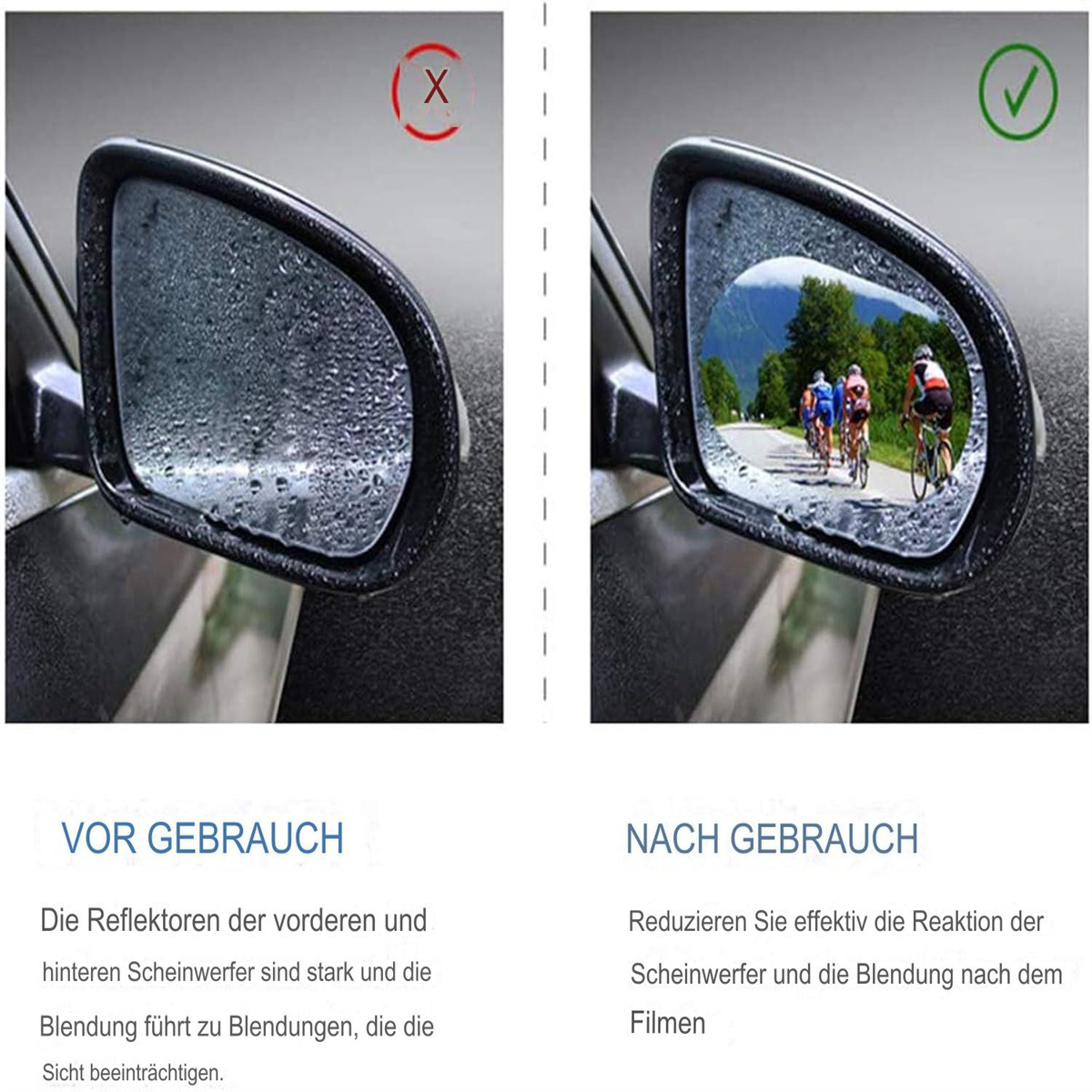 Zwei Autospiegel, einer mit Wassertropfen und einer klar, der Radfahrer zeigt.