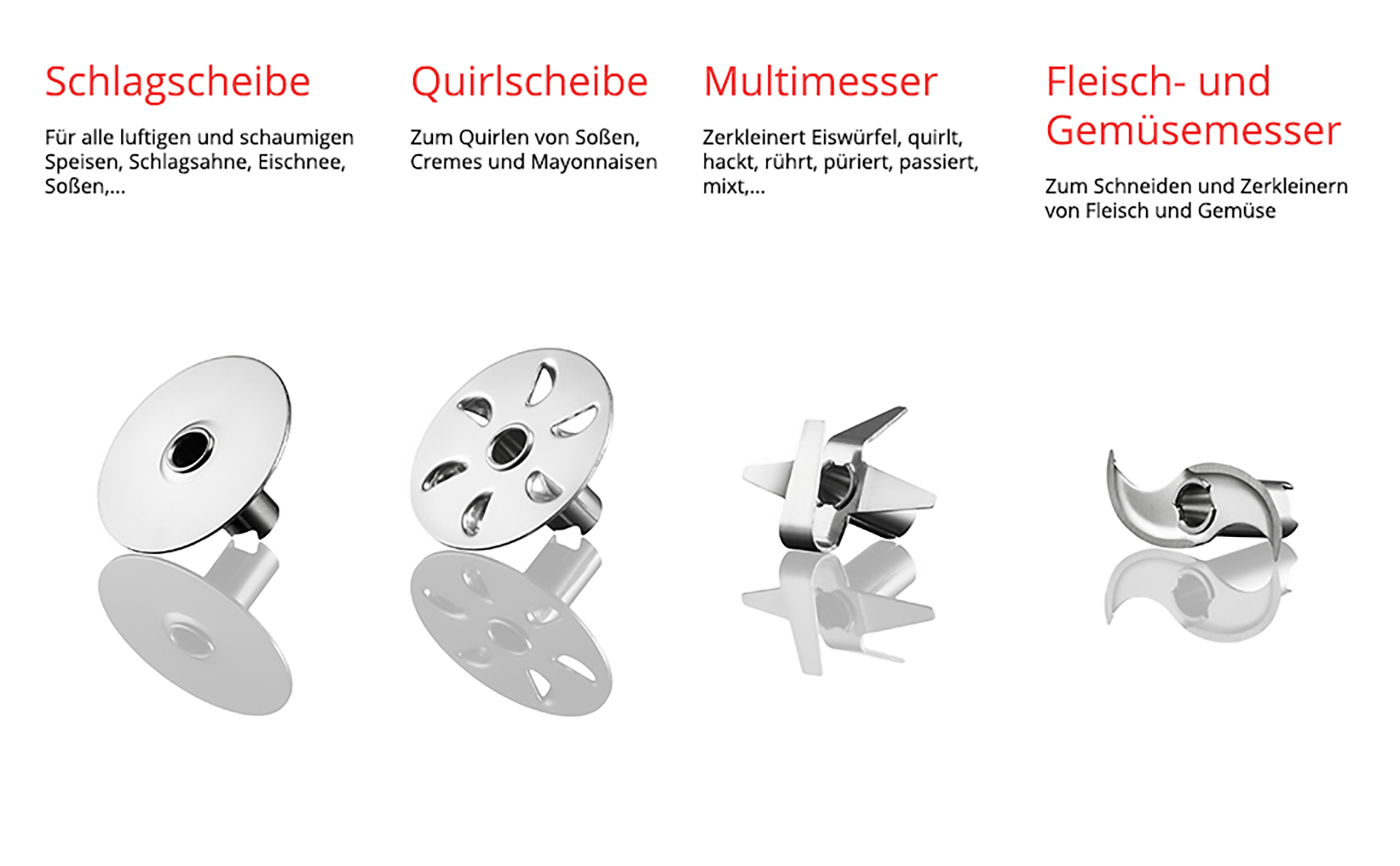 Vier silberne Mixerklingen auf weißer Oberfläche. Jede Klinge hat ein anderes Design, mit deutschen Namen.