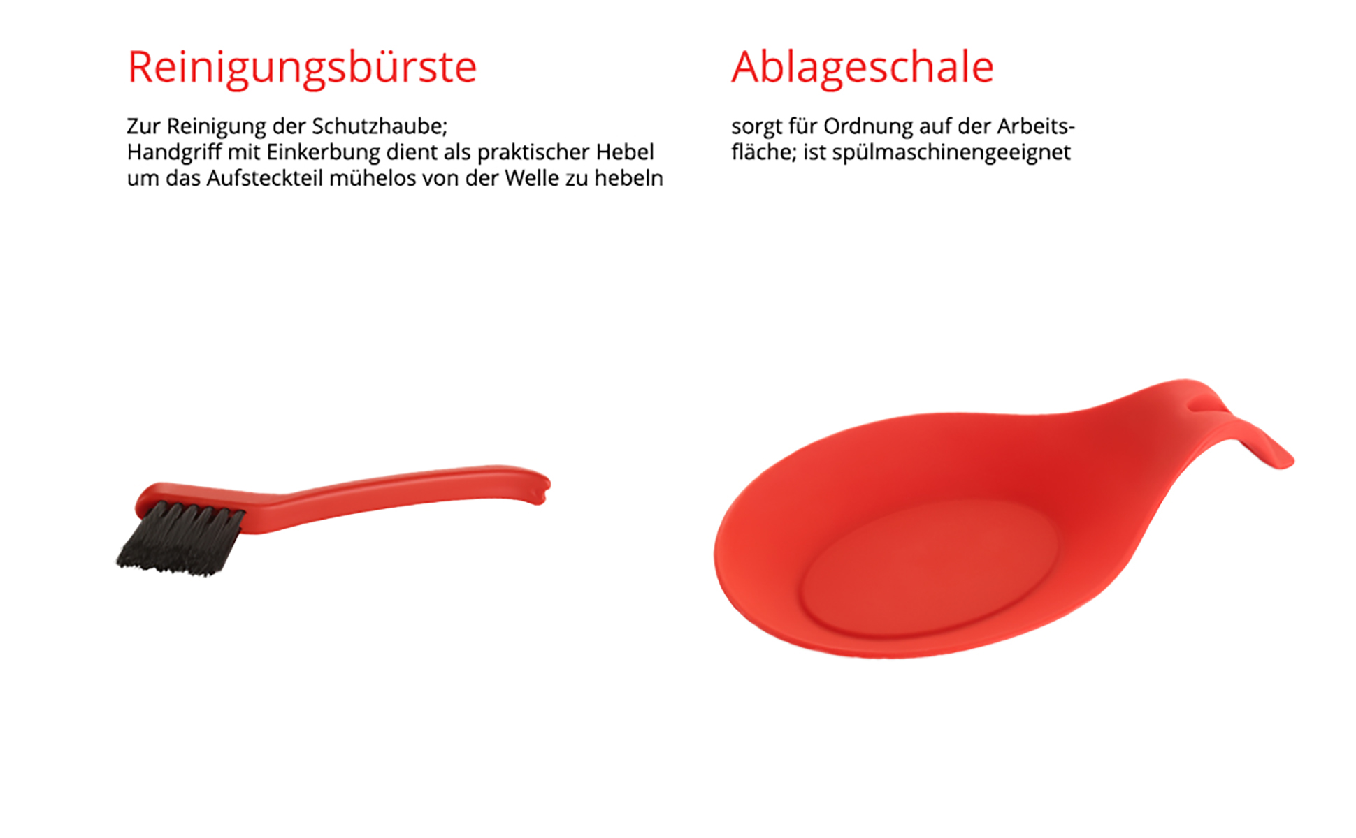 Rote Reinigungsbürste und eine rote Löffelablage. Text beschreibt ihre Funktionen.