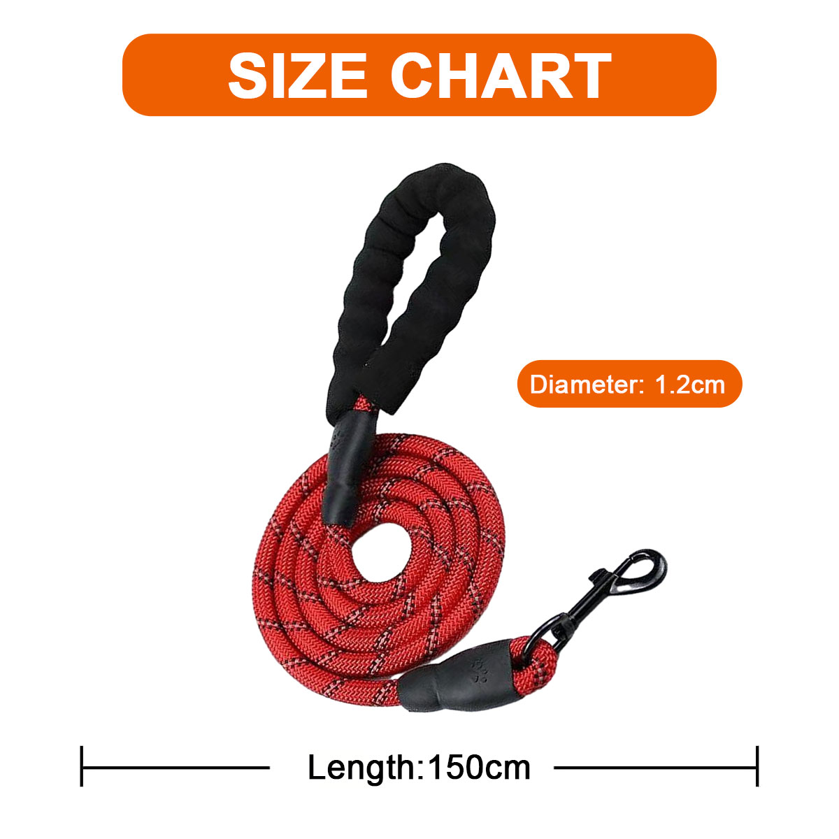 Rote und schwarze Hundeleine mit gepolstertem Griff und silbernem Clip. Größentabelle mit Maßen.