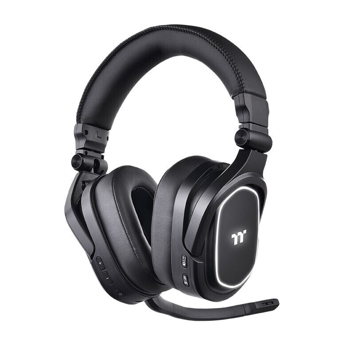 Czarne słuchawki z mikrofonem. Są na białym tle. Słuchawki mają elegancki design.