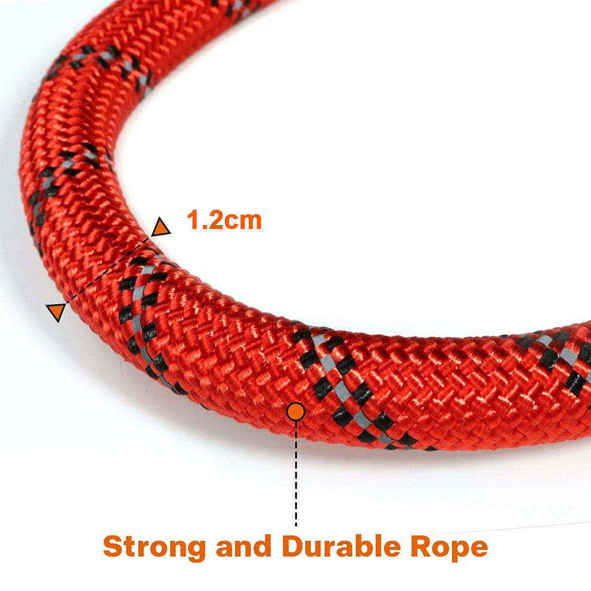 Rotes Seil mit schwarzen Akzenten, Nahaufnahme mit 1,2 cm Messung.