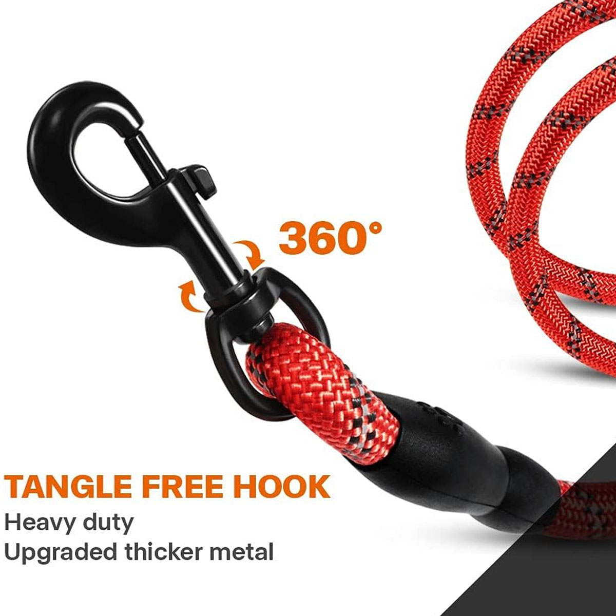 Eine rot-schwarze Hundeleine mit schwarzem Drehverschluss und Text 'Tangle Free Hook'.