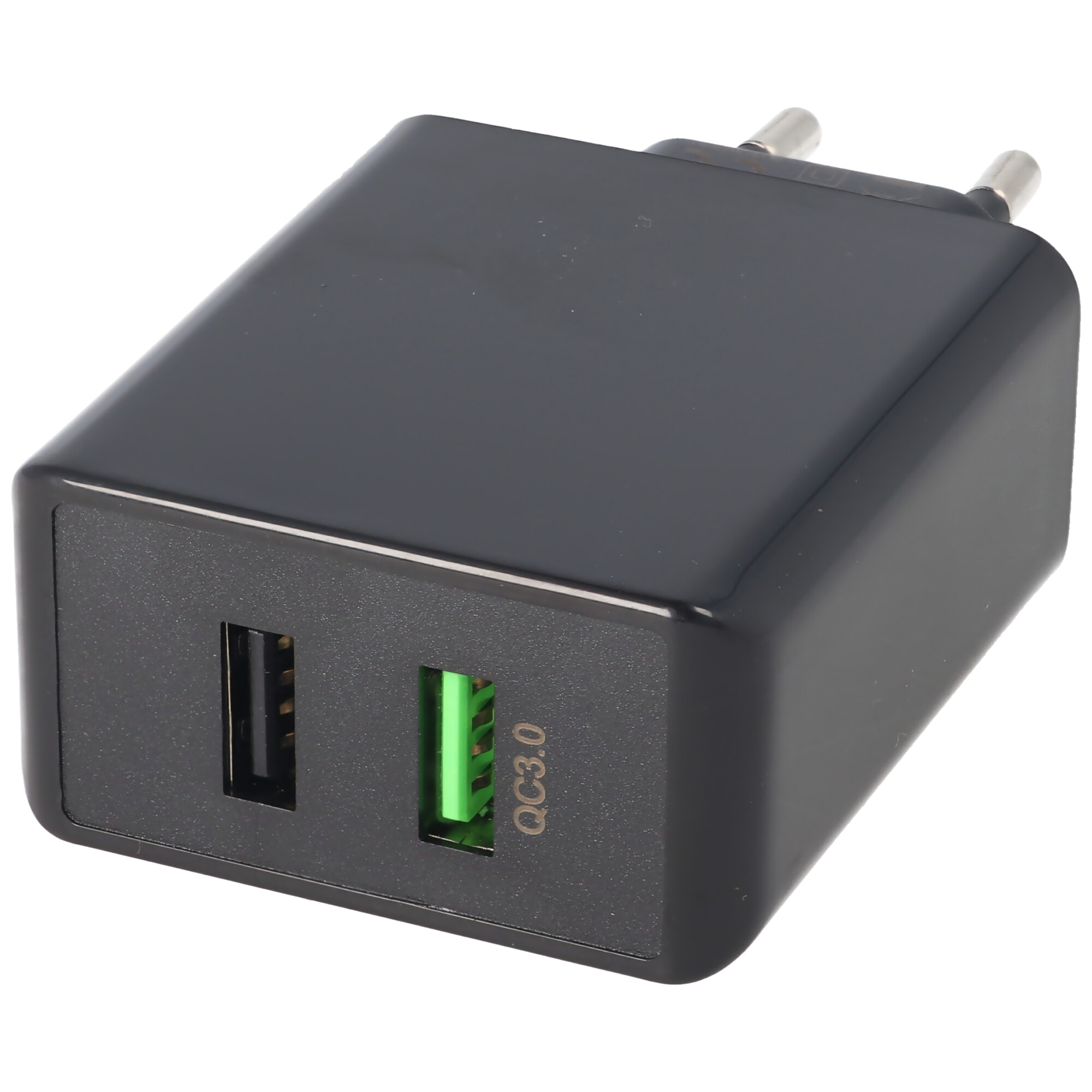 Schwarzer Netzadapter mit zwei Anschlüssen, einem USB- und einem QC3.0-Anschluss.