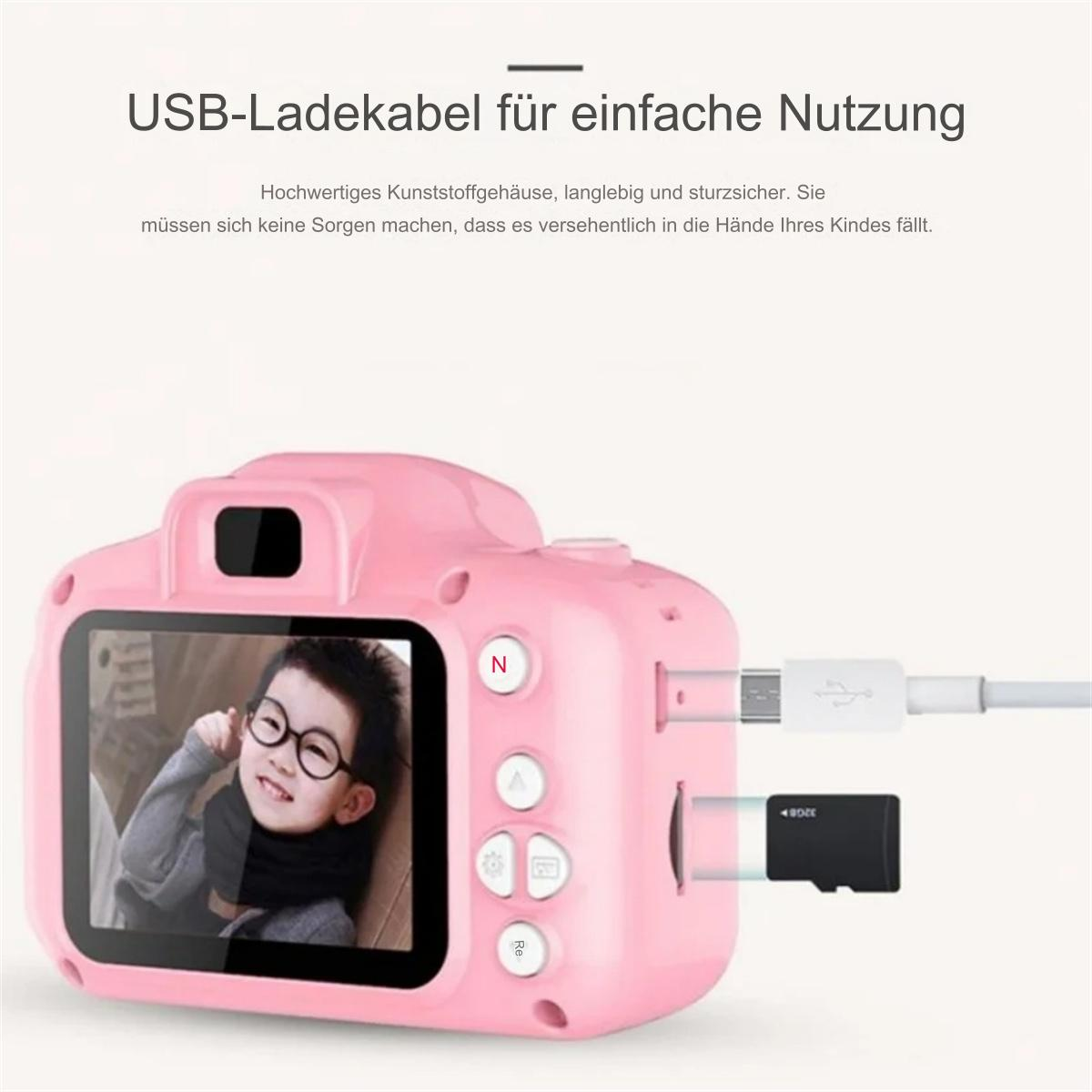 Rosa Kinderkamera mit Bildschirm, der einen Jungen mit Brille zeigt, und USB und SD-Karte.