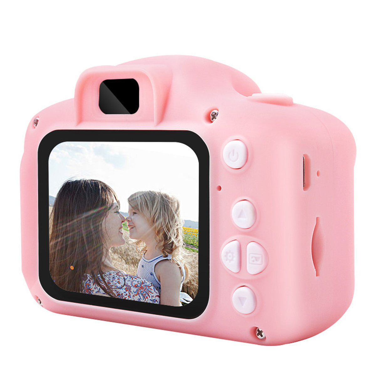 Eine rosa Kinderkamera mit einem Foto von zwei Personen.