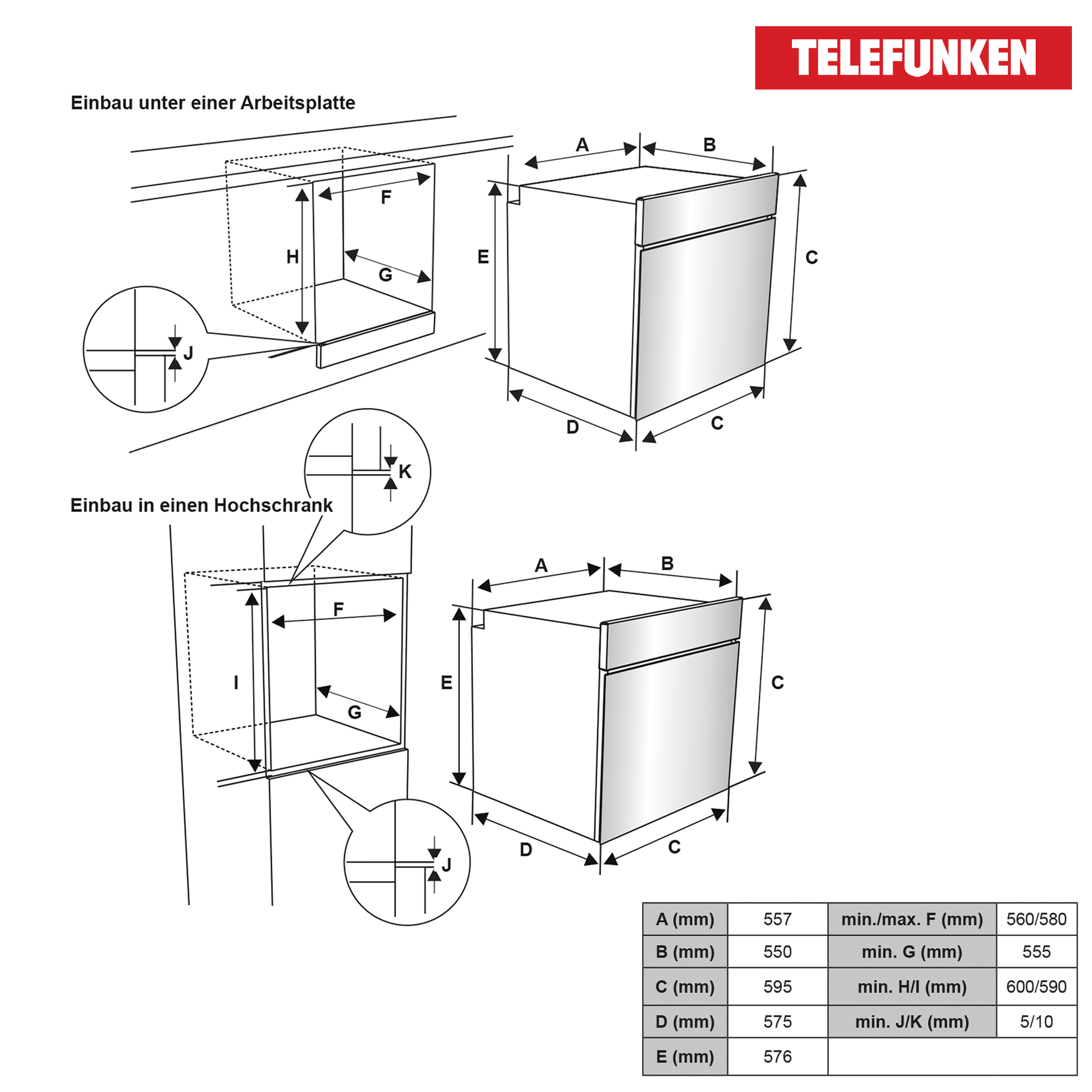 Diagramm mit Maßen für den Einbau eines Küchengeräts.