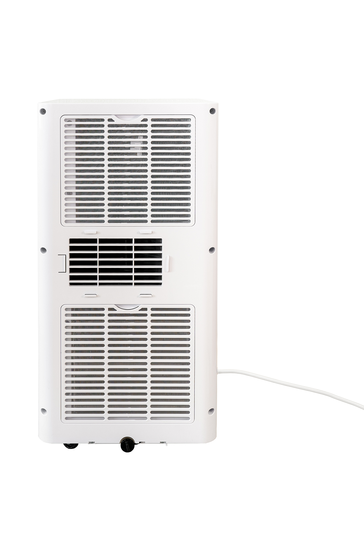 Biały osuszacz powietrza. Widok z tyłu z otworami wentylacyjnymi i przewodem.