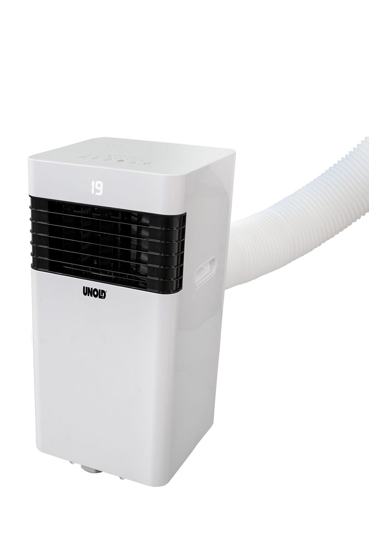 Biały przenośny klimatyzator z czarnymi otworami wentylacyjnymi i białym, elastycznym wężem wydechowym.