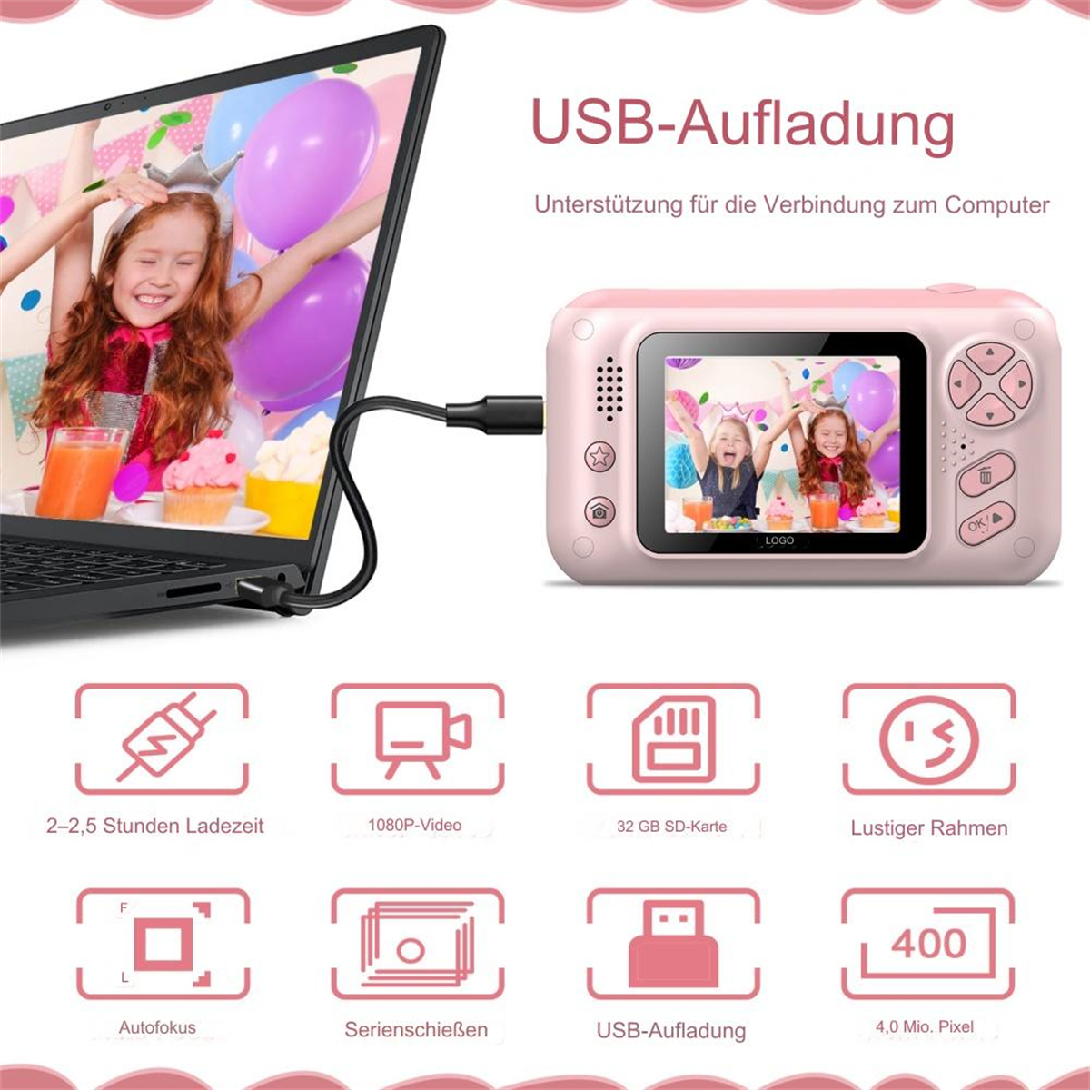 Eine rosa Kamera, die mit einem Laptop verbunden ist, mit Illustrationen von Funktionen.
