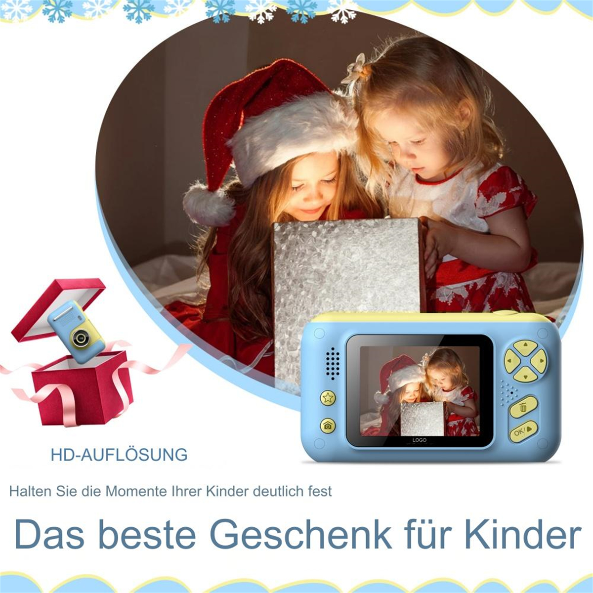 Zwei Kinder öffnen eine Geschenkbox mit einer Kamera. Eine blaue Kamera wird auch separat angezeigt.