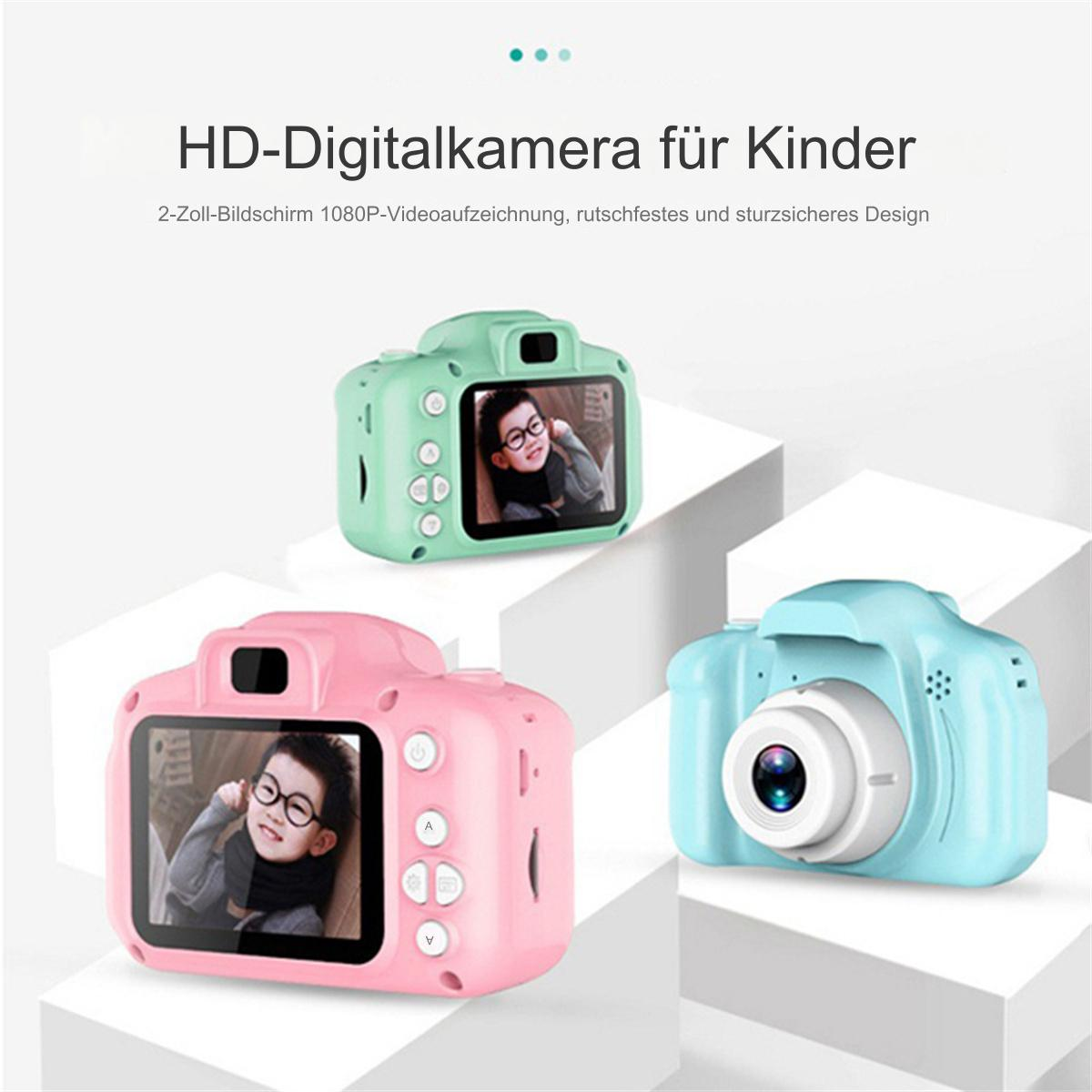 Drei bunte Kameras für Kinder mit einem Mädchen auf den Bildschirmen. Text oben und ein weißer Hintergrund.