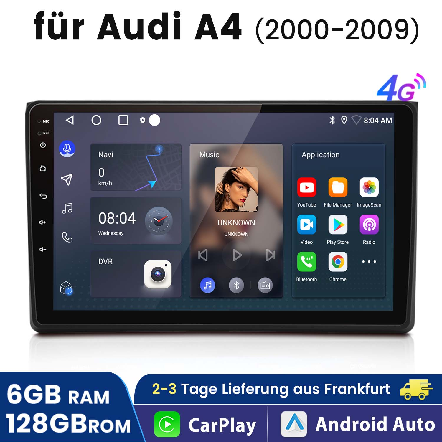 Autoradio-Bildschirm mit Android-Oberfläche für Audi A4 (2000-2009). Zeigt App-Symbole und Mediensteuerelemente.
