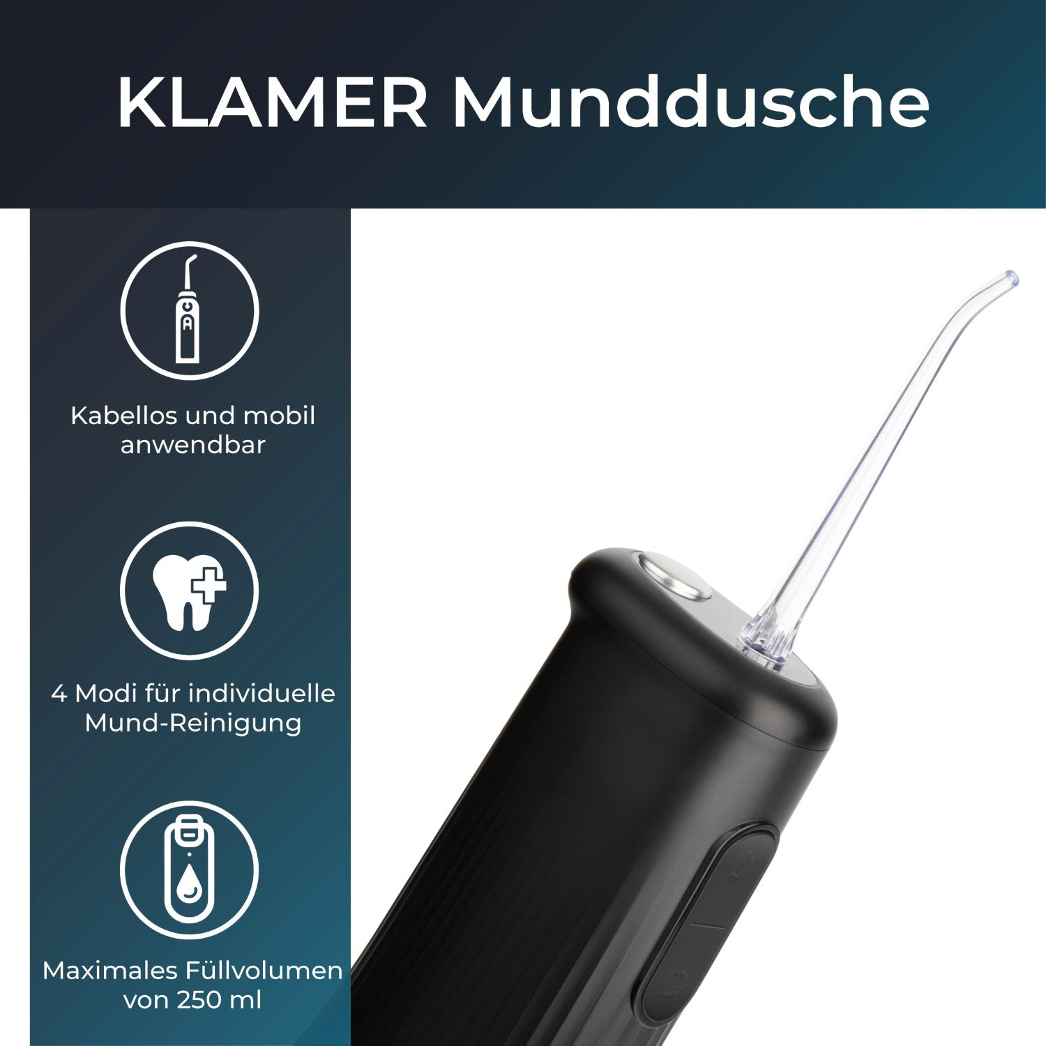 Schwarzer kabelloser Munddusche mit drei Symbolen und Text. Zeigt den Wasserstrahl und seine Eigenschaften.